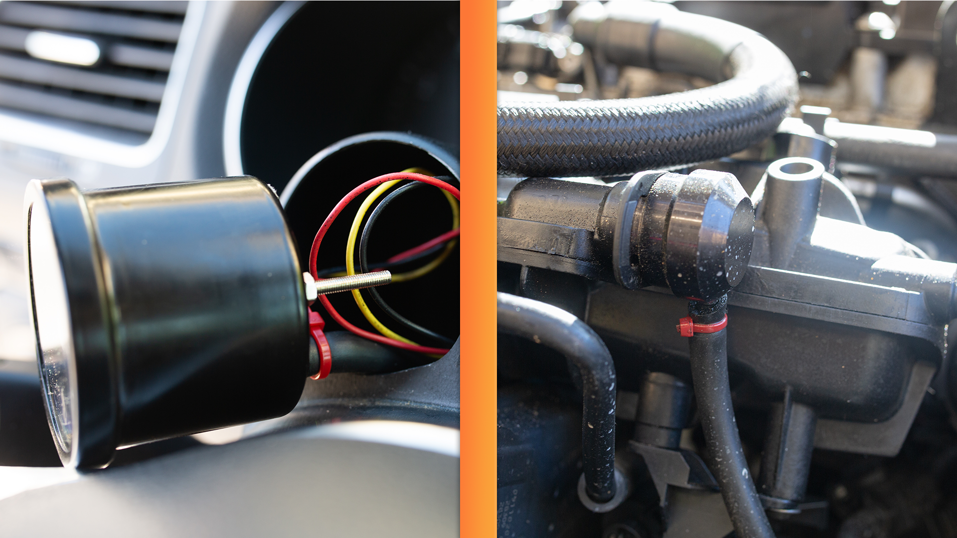 Two images side by side, one showing a boost gauge sitting just outside of its installed home with wires behind it. The other shows a black cap with a vacuum line protruding from its bottom portion. A red zip tie is holding the vacuum line onto the cap.