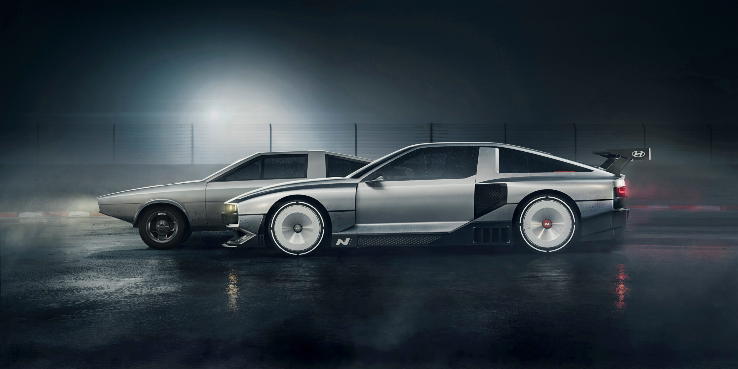 The N Vision 74 alongside the original Pony Coupe concept that it borrows design references from