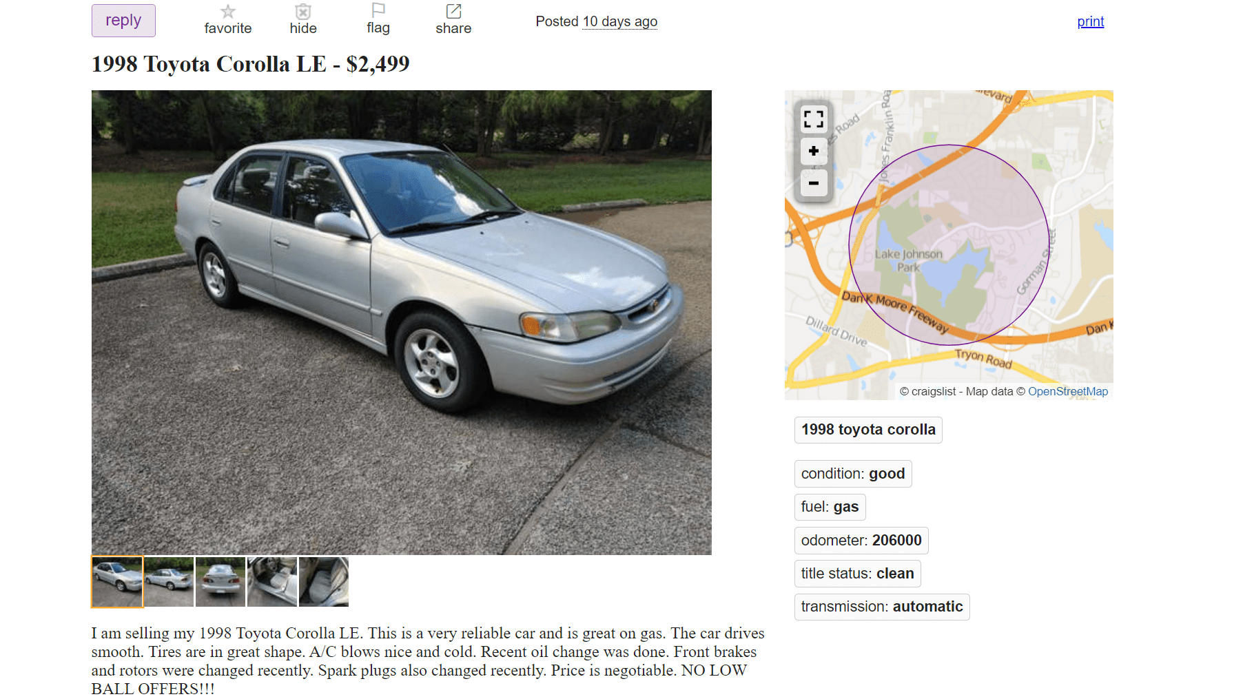 Toyota Corolla LE Craigslist Screenshot