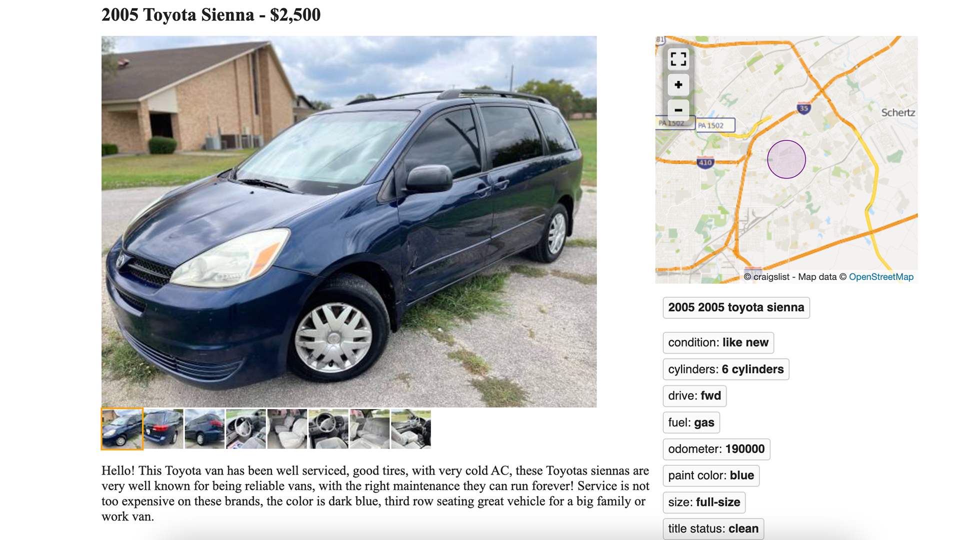 A Toyota Sienna Craigslist ad.