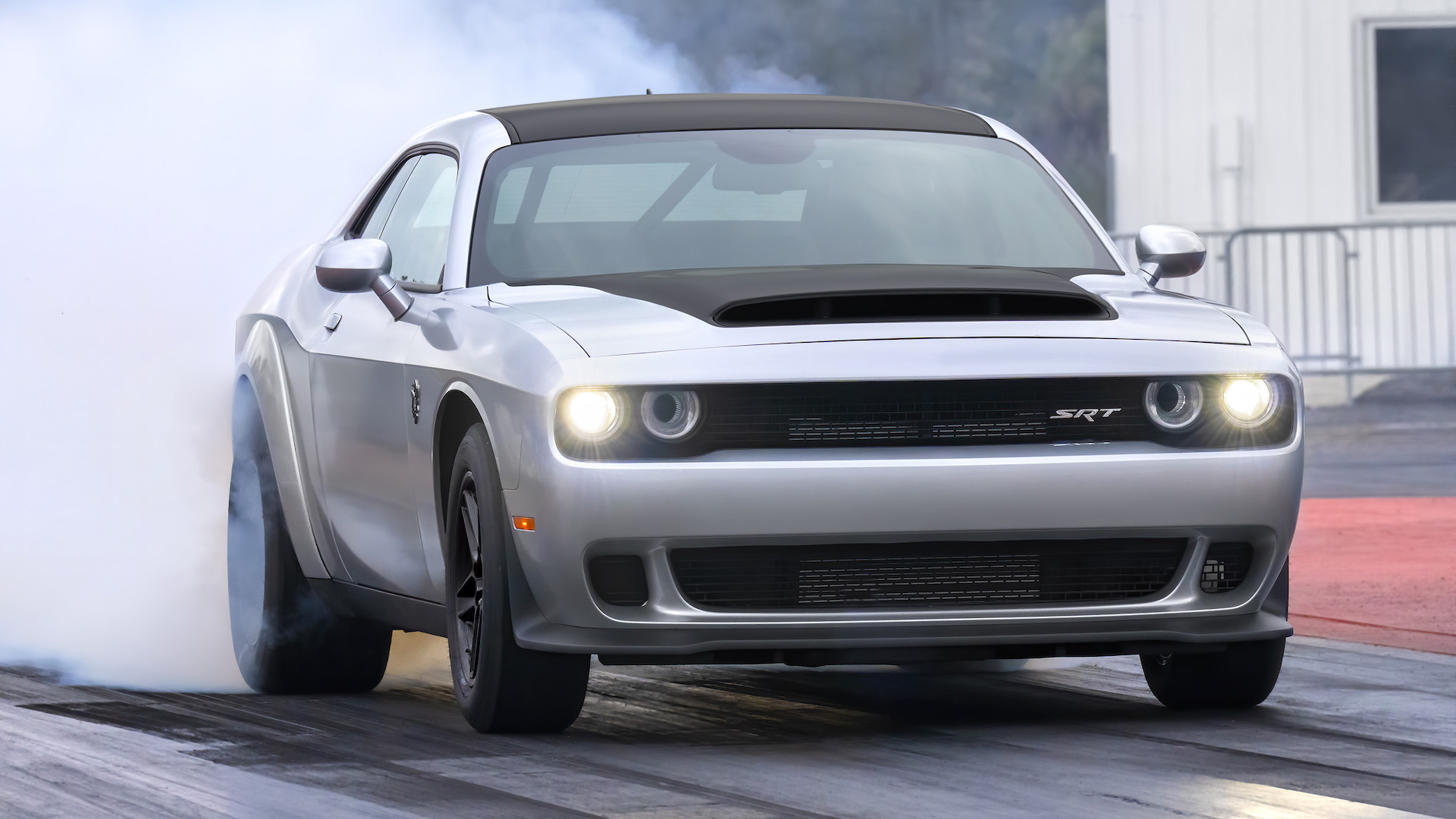 2023 Dodge Challenger SRT Demon 170 does a burnout at a drag strip