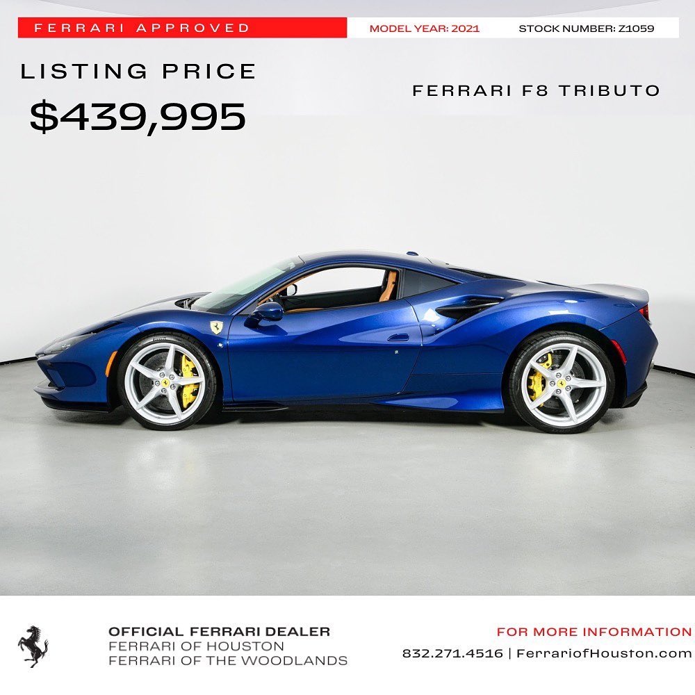 2021 Ferrari F8 Tributo listed for sale at Ferrari of Houston, possibly the stolen vehicle