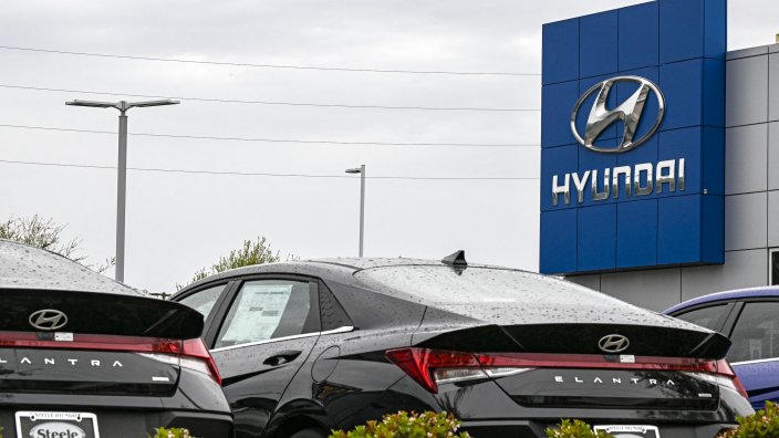 Cars are seen at a Hyundai dealership in Houston, Texas, on March 27, 2025.