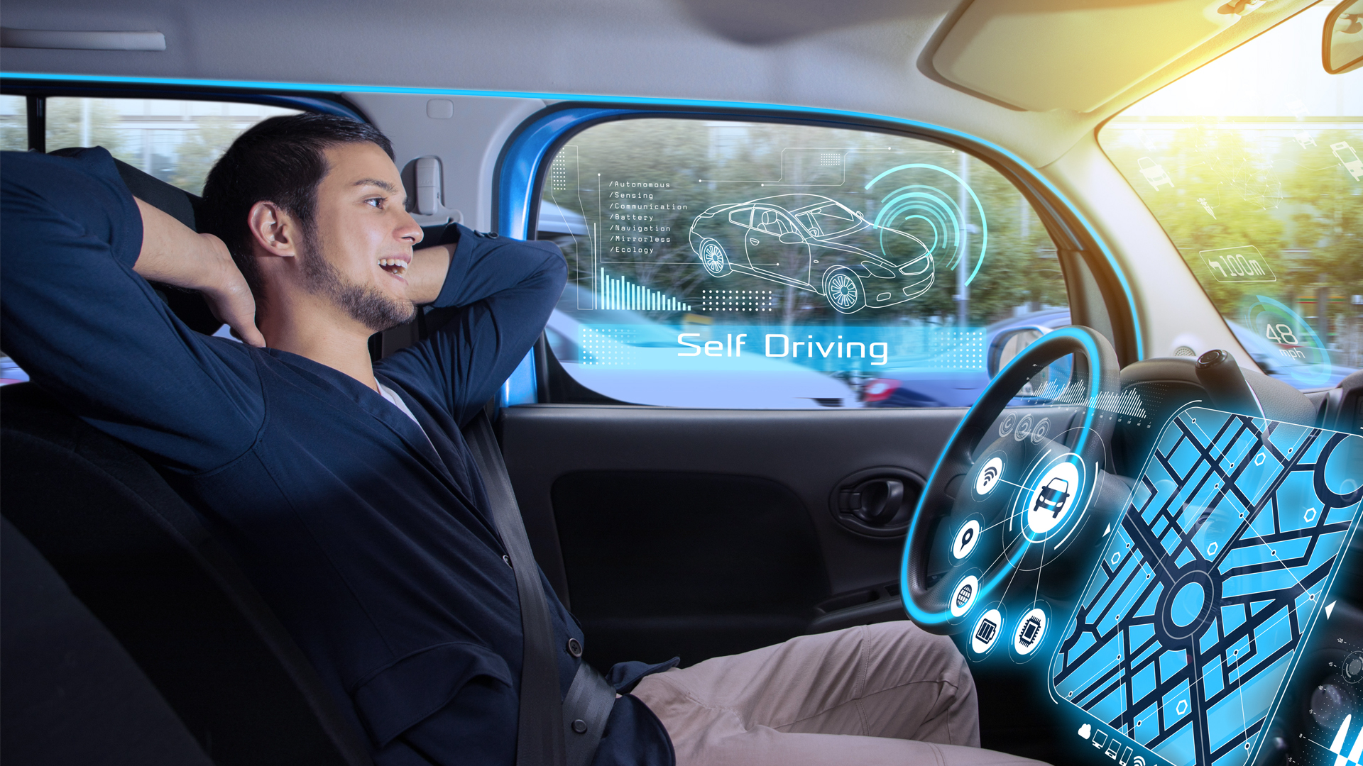 Dude relaxing while being shuttled around in a self-driving car.