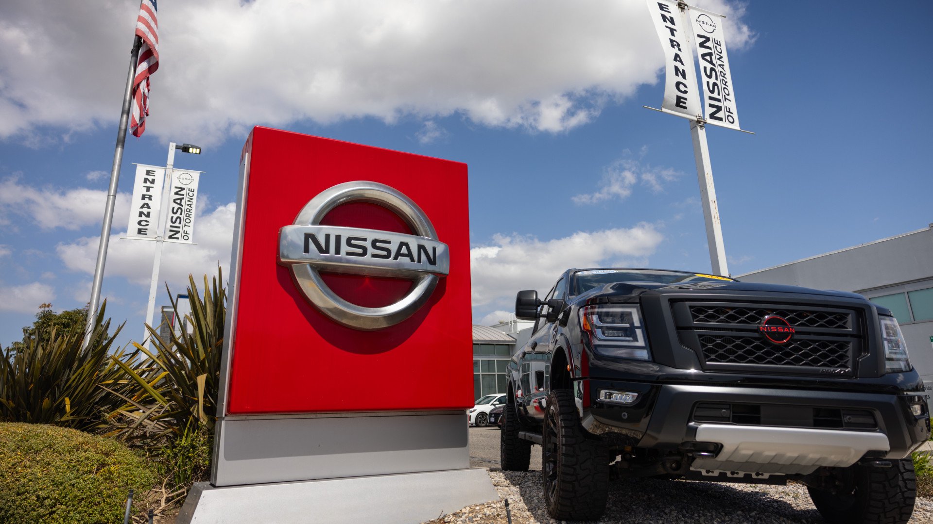The Nissan of Torrance auto dealership, selling Honda cars, trucks and SUVs, on April 3, 2025 in Torrance, California. Car dealers are bracing for the effects of President Trump's newly imposed tariffs, saying the increases that will be attached to new foreign car imports and parts will likely be passed onto consumers, creating greater demand for used cars, that will not have tariff-pricing. (Photo by Jay L Clendenin/Getty Images)
