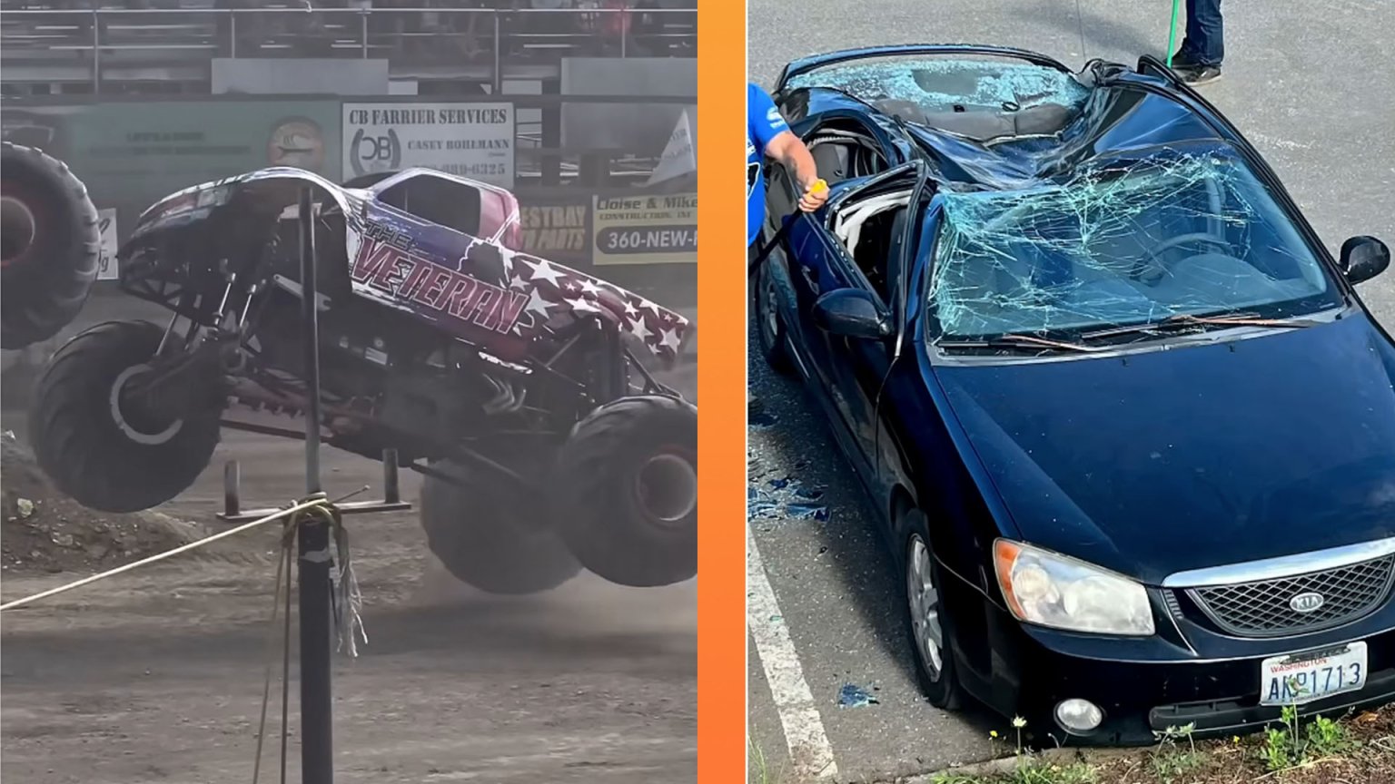 Stuntshow Monster Truck Show Turns Terrifying When Stray Tire Crushes Spectator's Kia