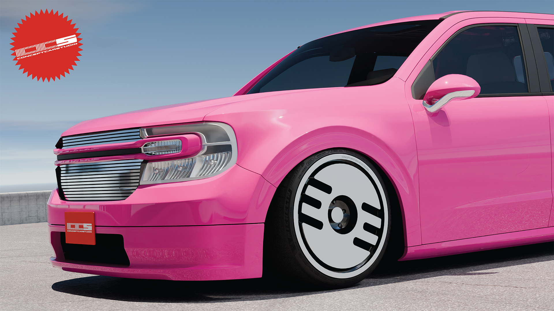 Ultra Hot wheels on pink Ford Maverick, front end