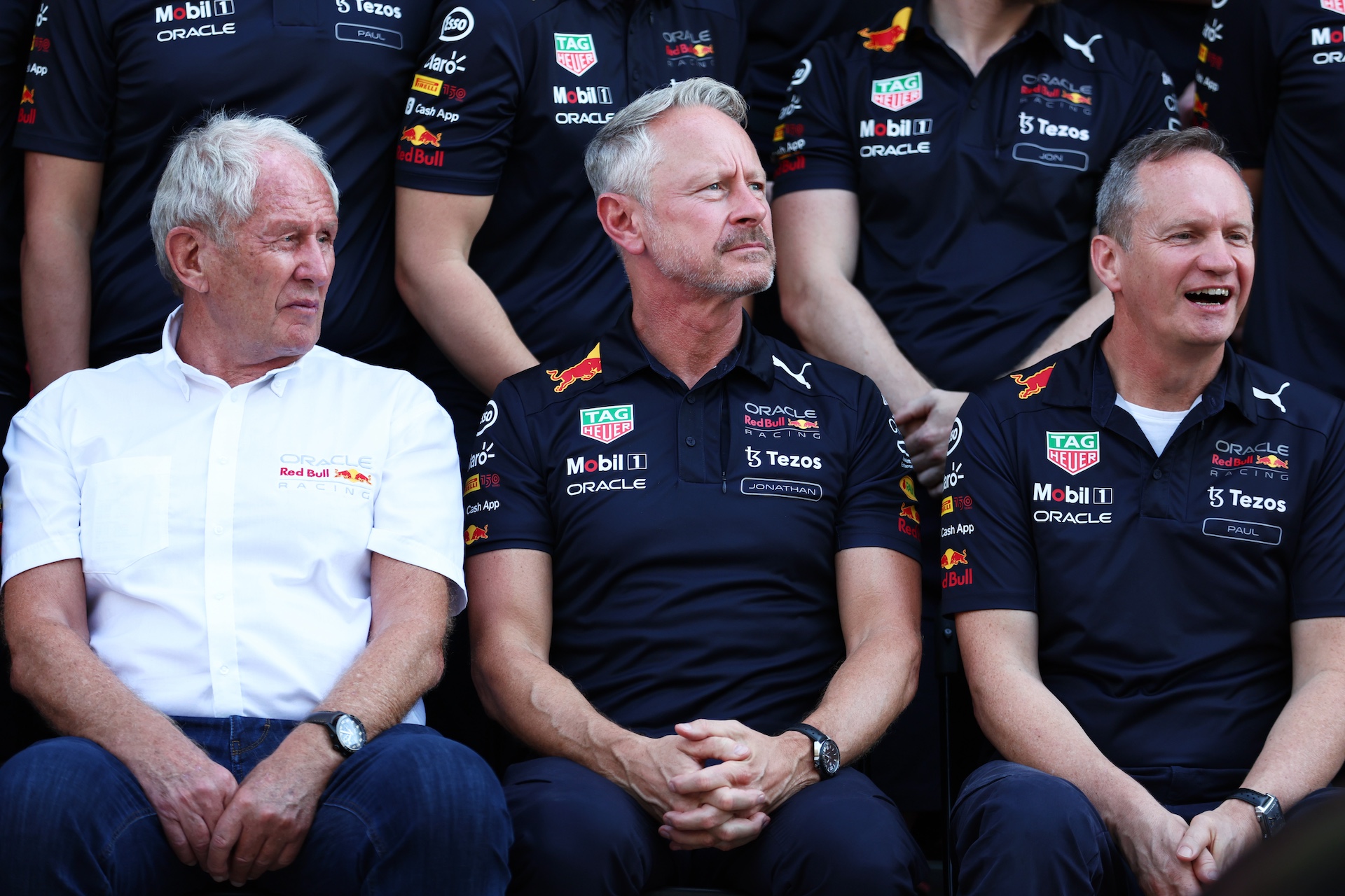 ABU DHABI, UNITED ARAB EMIRATES - NOVEMBER 17: (L-R) Red Bull Racing Team Consultant Dr Helmut Marko, Red Bull Racing Team Manager Jonathan Wheatley and Red Bull Racing Head of Car Engineering Paul Monaghan pose during the Red Bull Racing End of Season Team Photo during previews ahead of the F1 Grand Prix of Abu Dhabi at Yas Marina Circuit on November 17, 2022 in Abu Dhabi, United Arab Emirates. (Photo by Bryn Lennon/Getty Images)