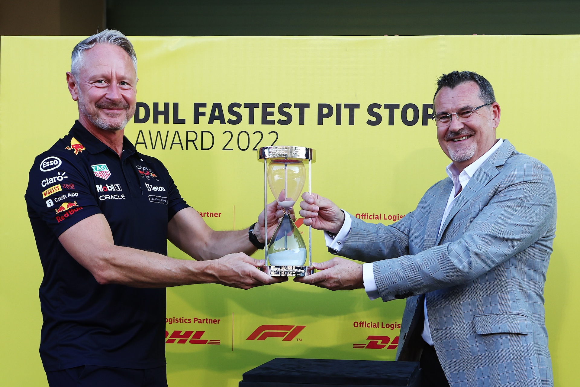 ABU DHABI, UNITED ARAB EMIRATES - NOVEMBER 17: Red Bull Racing Team Manager Jonathan Wheatley is presented with the DHL Fastest Pitstop award during previews ahead of the F1 Grand Prix of Abu Dhabi at Yas Marina Circuit on November 17, 2022 in Abu Dhabi, United Arab Emirates. (Photo by Bryn Lennon - Formula 1/Formula 1 via Getty Images)