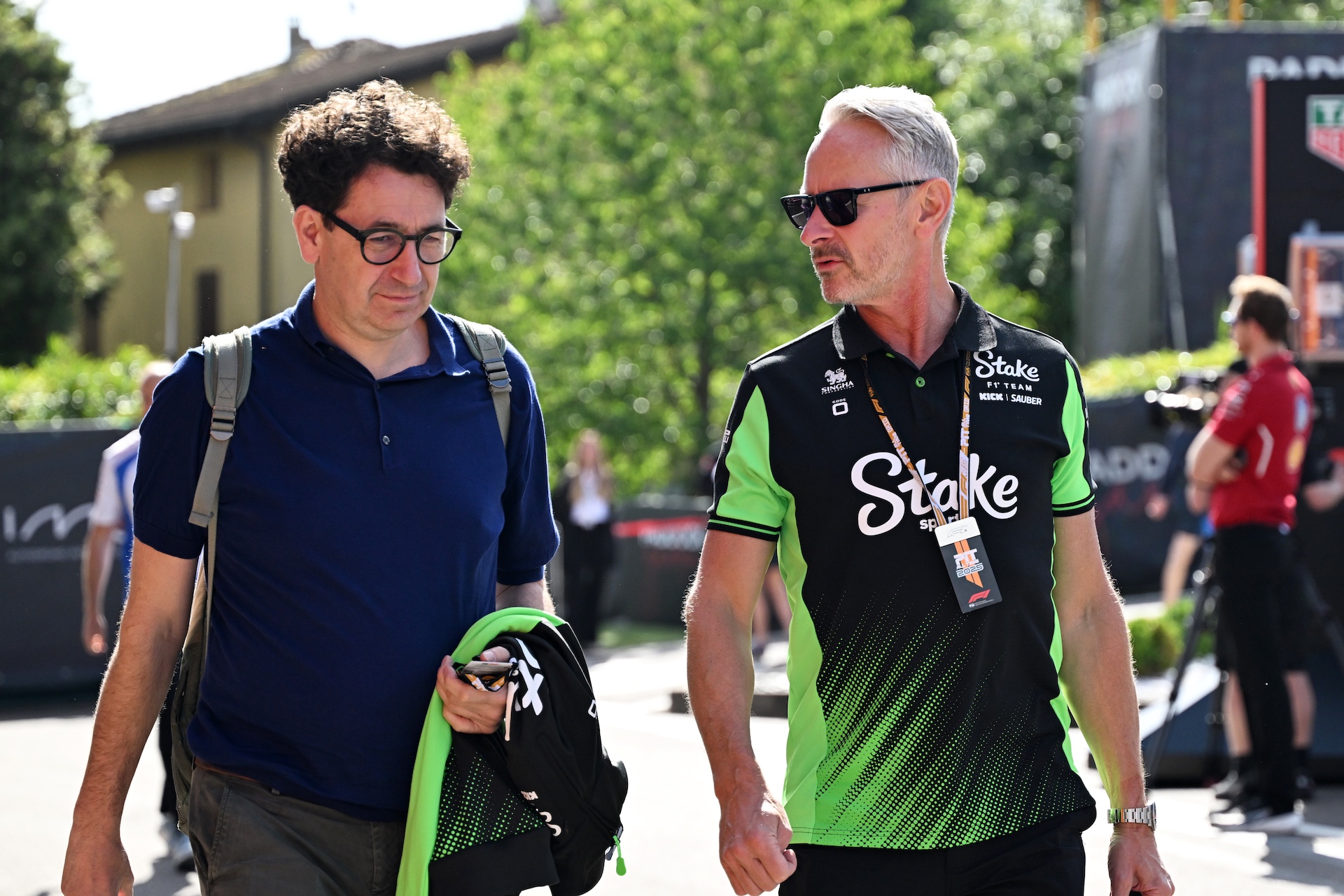 IMOLA, ITALY - MAY 16: Mattia Binotto, COO and CTO of Stake F1 Team Kick Sauber and Jonathan Wheatley, Team Principal of Stake F1 Team Kick Sauber arrive in the Paddock prior to practice ahead of the F1 Grand Prix of Emilia-Romagna at Autodromo Internazionale Enzo e Dino Ferrari on May 16, 2025 in Imola, Italy. (Photo by Mark Sutton - Formula 1/Formula 1 via Getty Images)