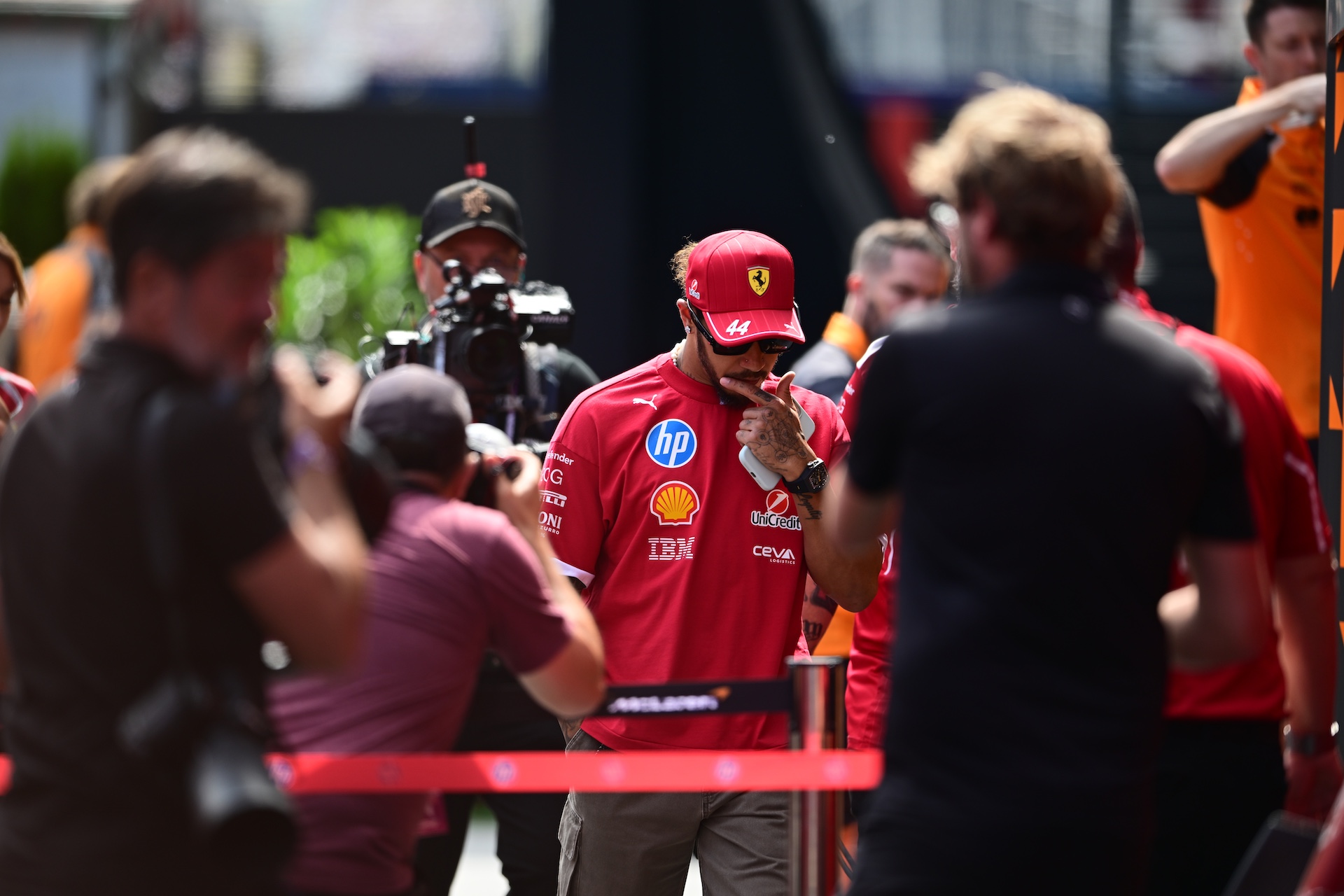 Lewis Hamilton of Scuderia Ferrari walks in the paddock during free practice of the Hungarian GP, the 14th round of the Formula 1 World Championship, in Hungaroring, Mogyorod, Central Hungary, Hungary, on August 2, 2025. (Photo by Andrea Diodato/NurPhoto via Getty Images)