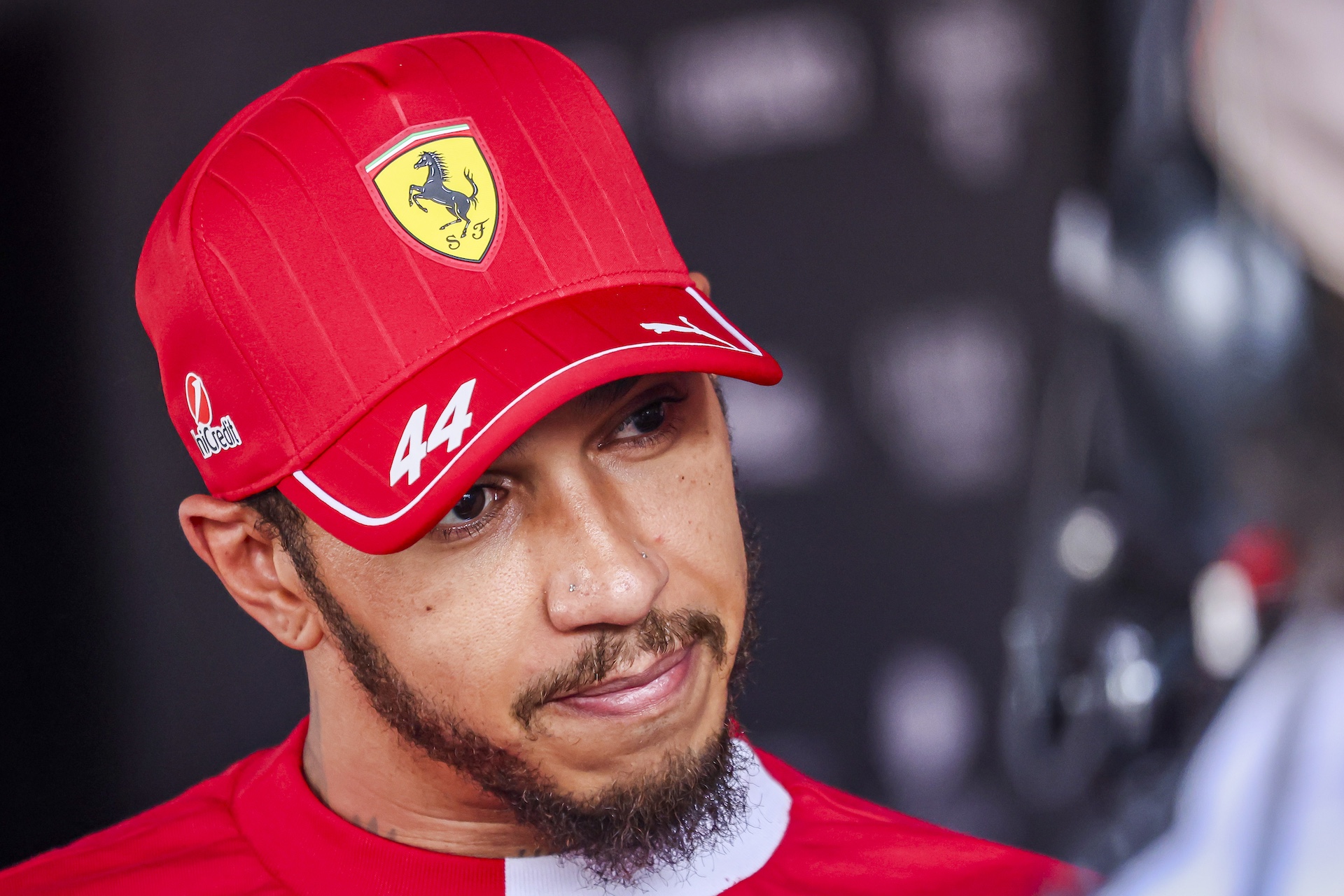 Lewis Hamilton of United Kingdom driving the F1 race car No44, the Ferrari SF25 for the Scuderia Ferrari HP Formula One Team, spotted after the qualifying session interview ahead of the Formula One Lenovo Hungarian Grand Prix 2025 at the Hungaroring. Budapest, Hungary on August2,2025. (Photo by Nicolas Economou/NurPhoto via Getty Images)