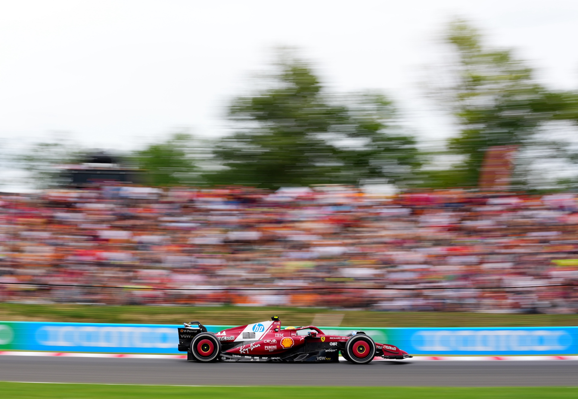 BUDAPEST, HUNGARY - AUGUST 03: Lewis Hamilton of Great Britain driving the (44) Scuderia Ferrari SF-25 on track during the F1 Grand Prix of Hungary at Hungaroring on August 03, 2025 in Budapest, Hungary. (Photo by Malcolm Griffiths - Formula 1/Formula 1 via Getty Images)