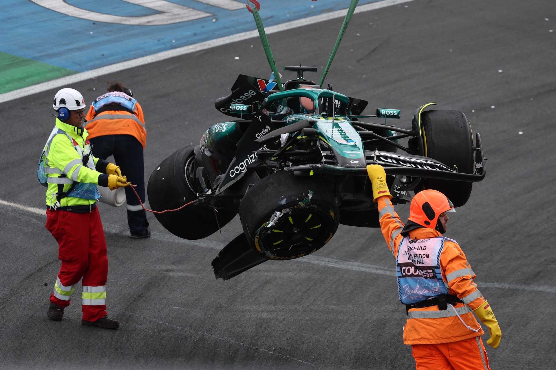 Aston Martin Aramco car of Lance Stroll after crash during the second practice ahead of the Formula 1 Grand Prix of The Netherlands at Circuit Zandvoort in Zandvoort, Netherlands on August 29, 2025. (Photo by Jakub Porzycki/NurPhoto)