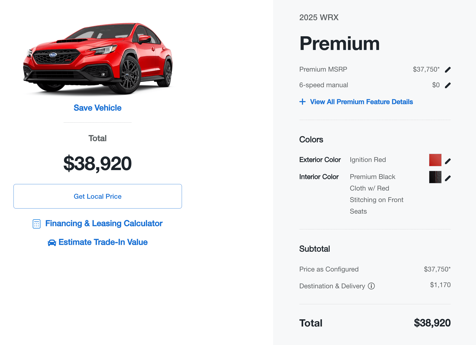 Subaru WRX price breakdown.