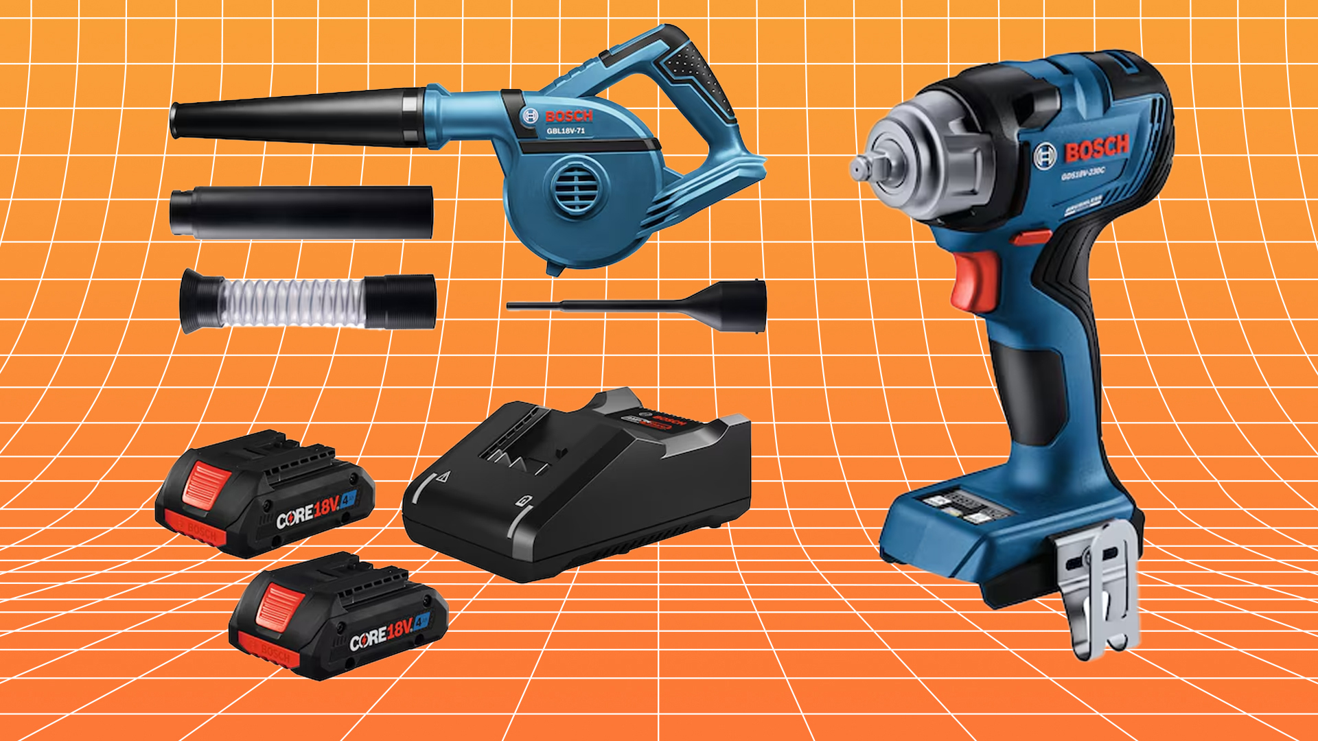 Bosch tool sale at Lowe's, multiple tools and batteries on display.