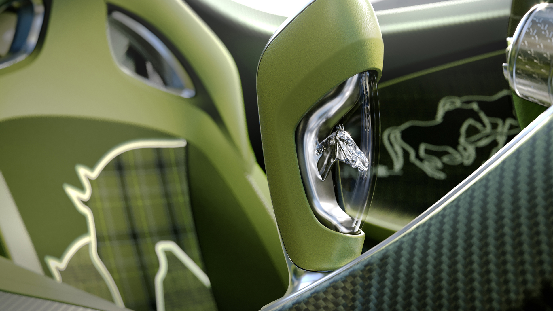 The Bugatti Brouillard's gear shifter is machined from a single block of aluminum and features a glass insert containing a miniature hand-crafted sculpture of Ettore’s favored horse and this car’s namesake.