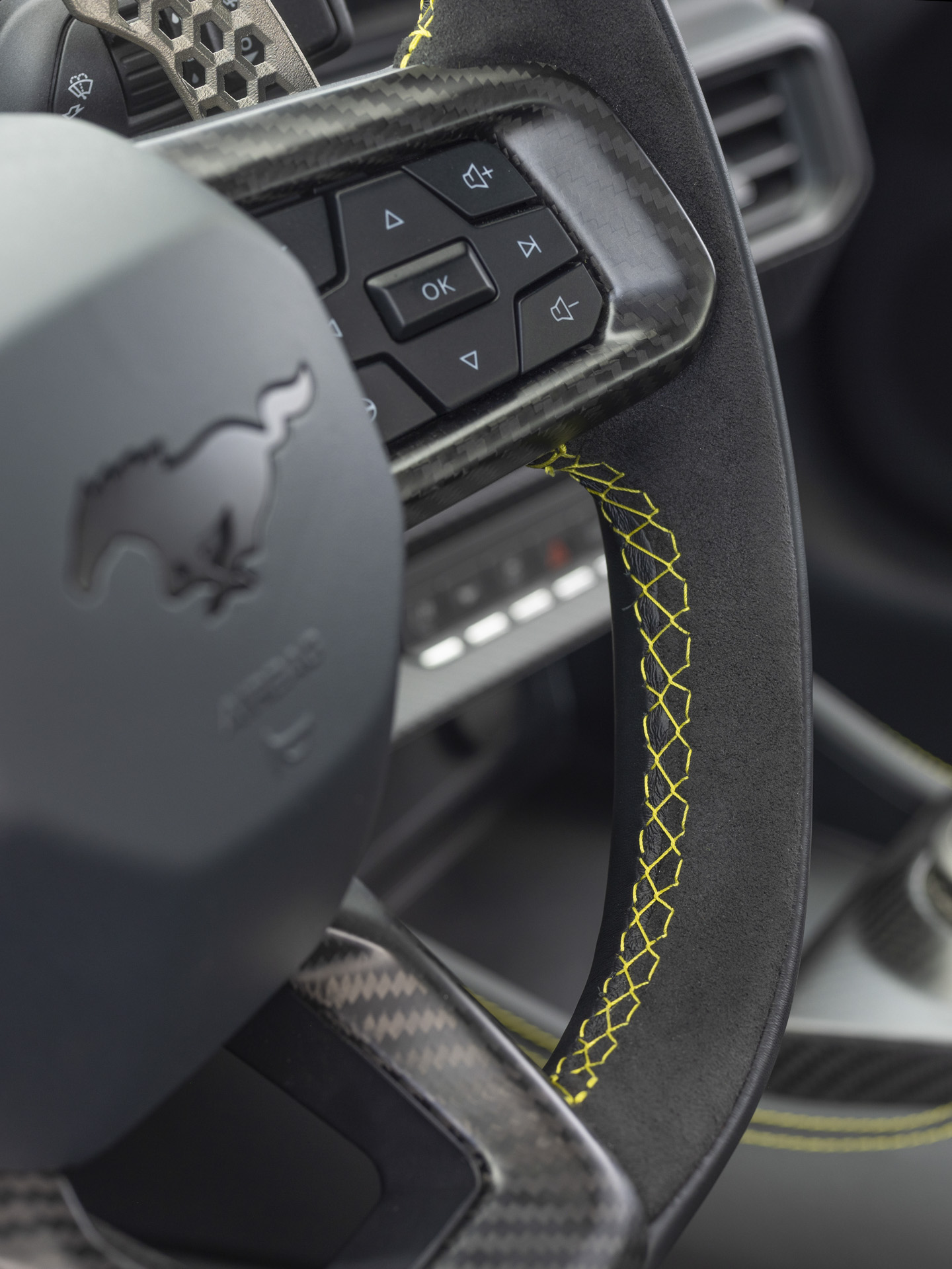 Mustang GTD Liquid Carbon steering wheel, yellow stitching.