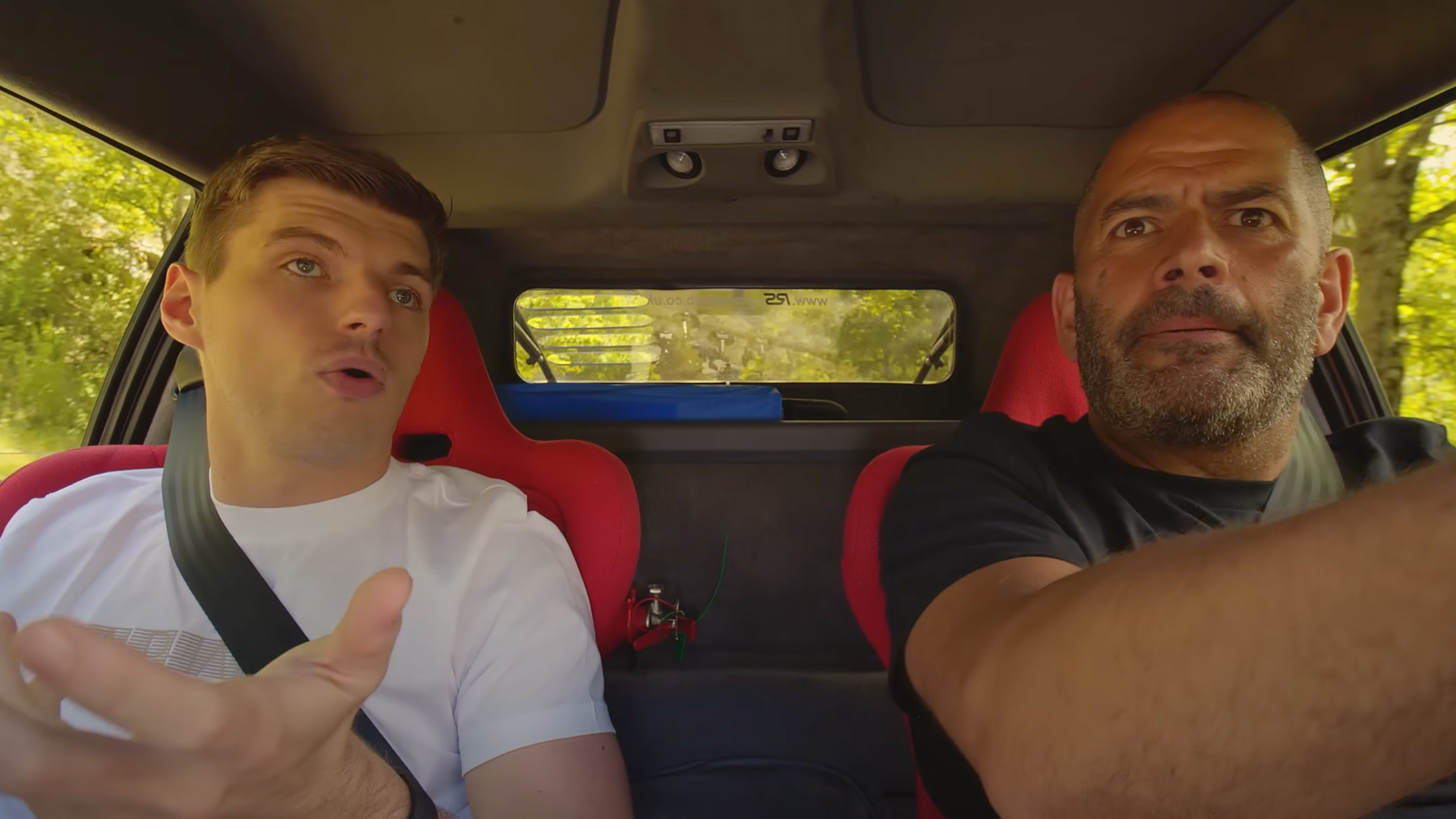 Max Verstappen and Chris Harris driving in a Ford RS200