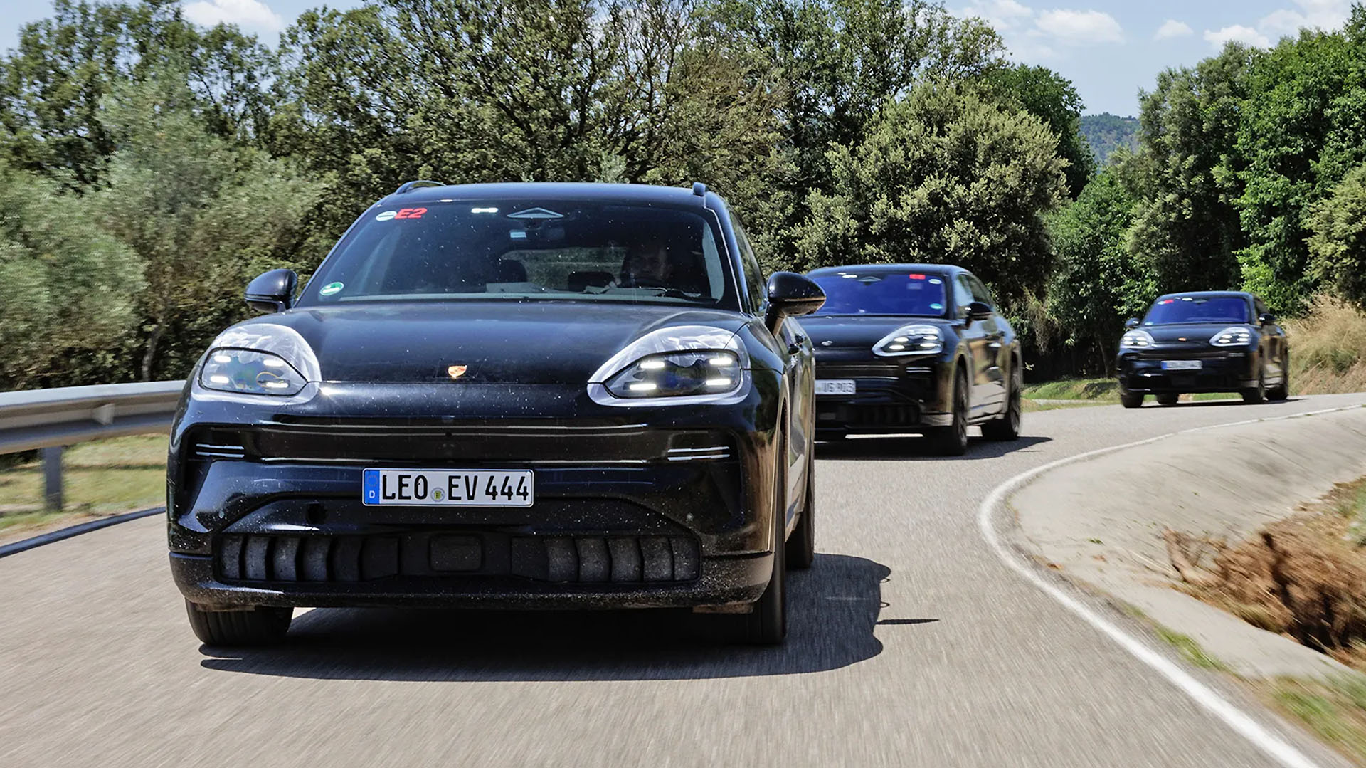 Porsche Cayenne EV prototype frontal shot on road