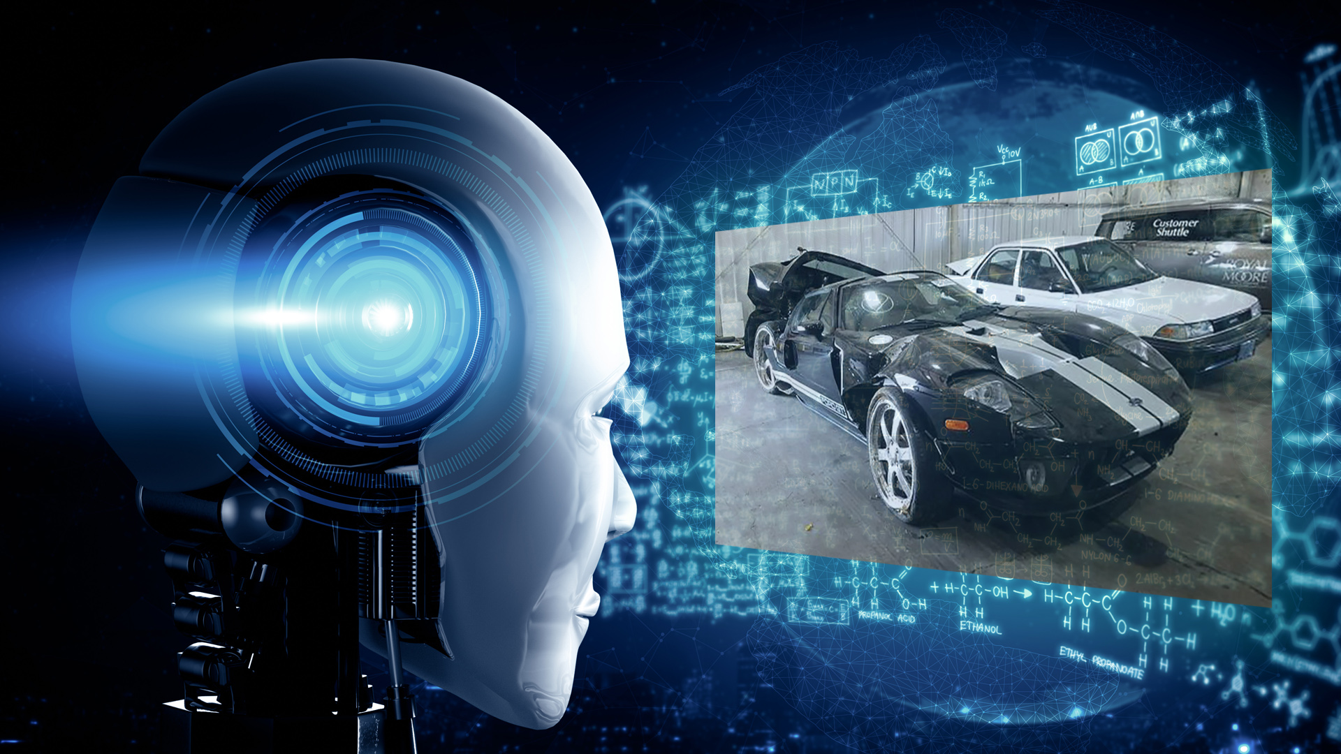 Robot looking at junkyard car