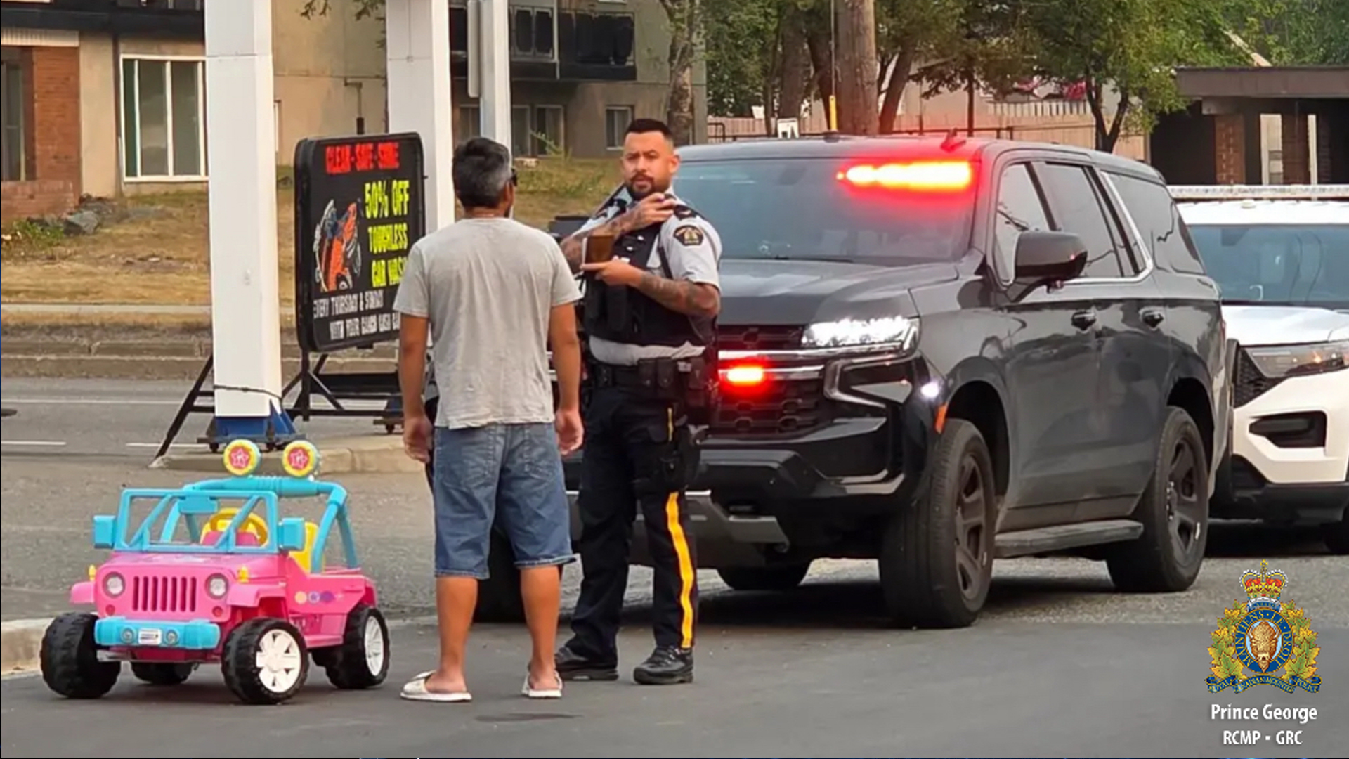 Barbie Jeep gets pulled over by police.