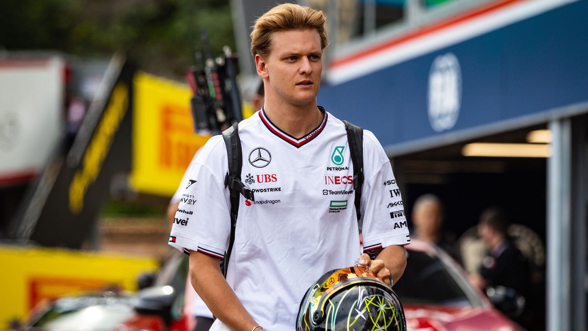 MONTE-CARLO, MONACO - MAY 22: Mick Schumacher of Germany and Mercedes F1 team walks in Pitlane during previews ahead of the F1 Grand Prix of Monaco at Circuit de Monaco on May 22, 2024 in Monte-Carlo, Monaco. (Photo by Jayce Illman/Getty Images)