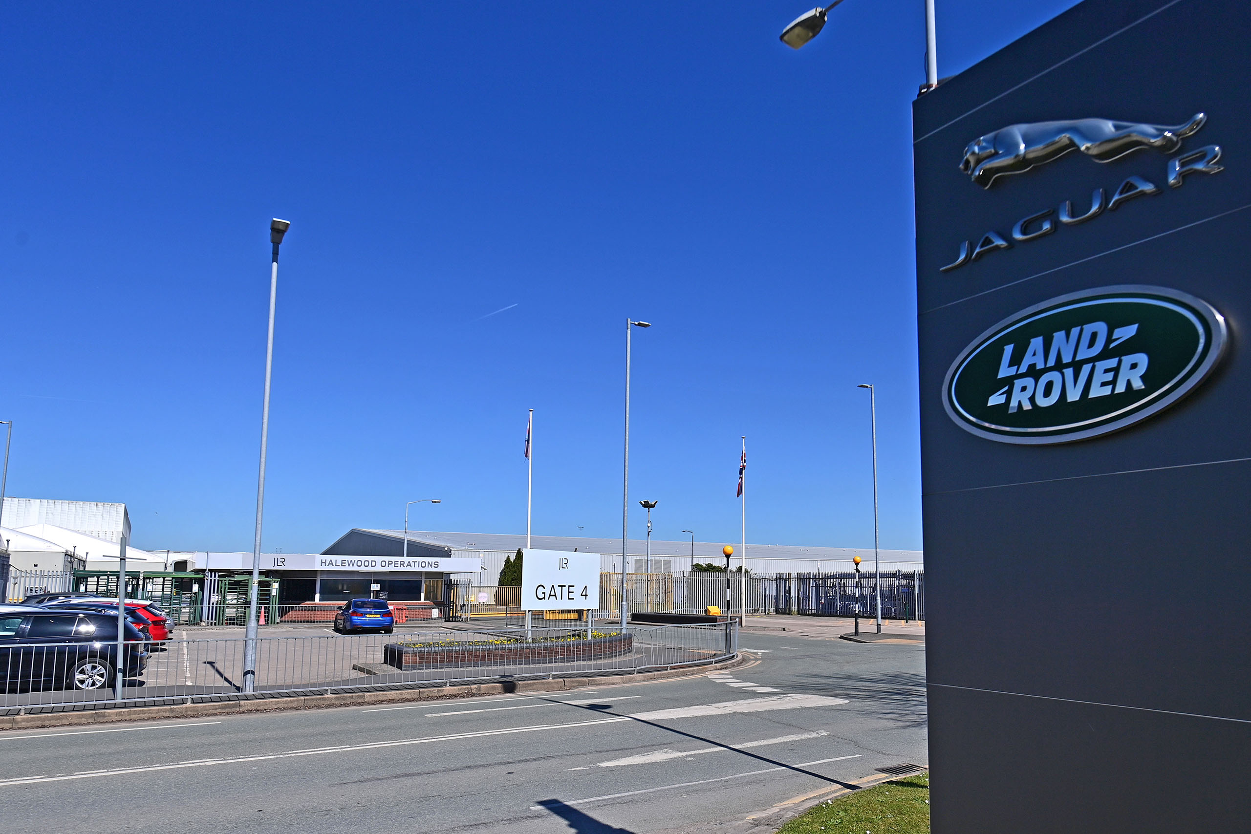 HALEWOOD, ENGLAND - APRIL 7: General view outside the Jaguar Land Rover factory on April 7, 2025 in Halewood, England. The British carmaker said it was pausing shipments of new vehicles to the United States after the Trump Administration imposed a 25% tariff on imported vehicles. (Photo by Richard Martin-Roberts/Getty Images)