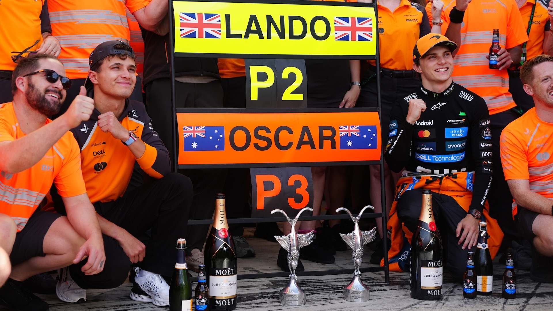 McLaren's Lando Norris (centre left) and Oscar Piastri (centre right) celebrate with the team after taking second and third respectively at the Italian Grand Prix at Monza Circuit, Italy. Picture date: Sunday September 7, 2025. (Photo by David Davies/PA Images via Getty Images)