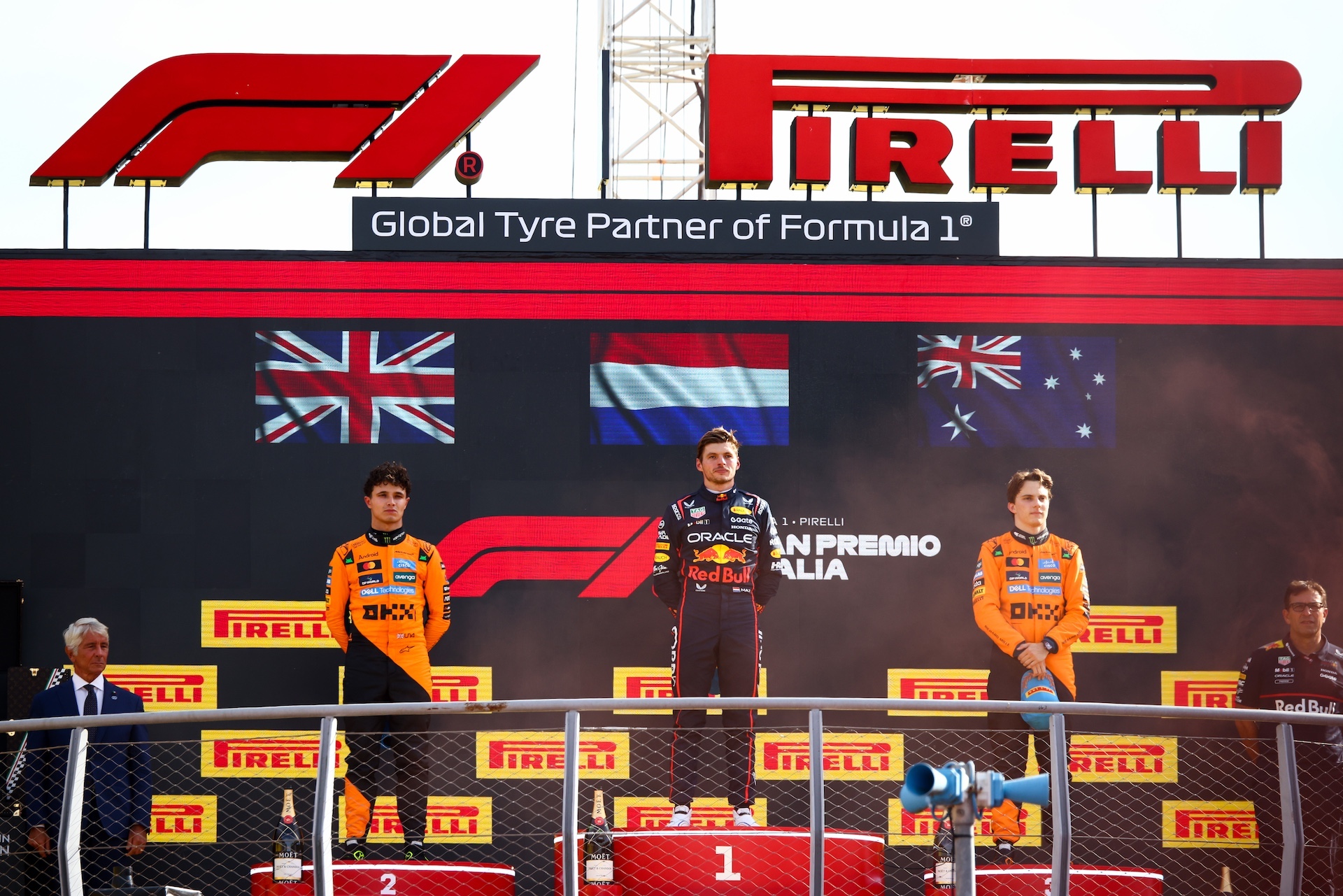Max Verstappen of Red Bull Racing,Lando Norris of McLaren, and Oscar Piastri of McLaren on the podium during the F1 Grand Prix of Italy at Autodromo Nazionale Monza on September 7th, 2025 in Monza, Italy (Photo by Beata Zawrzel/NurPhoto)