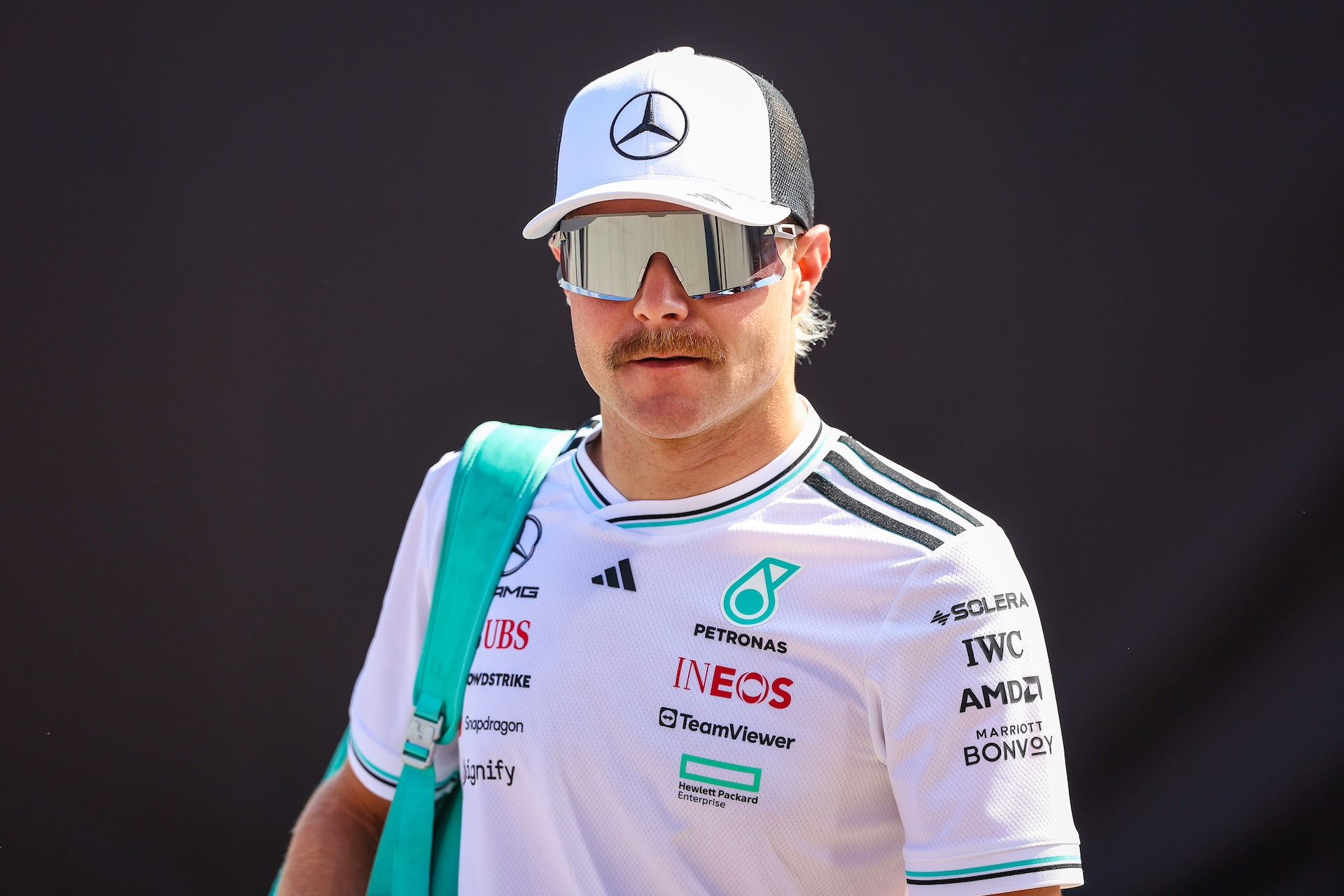 MONZA, ITALY - SEPTEMBER 5: Valtteri Bottas of Finland and Mercedes looks on in the paddock during practice ahead of the F1 Grand Prix of Italy at Autodromo Nazionale Monza on September 5, 2025 in Monza, Italy. (Photo by Jayce Illman/Getty Images)