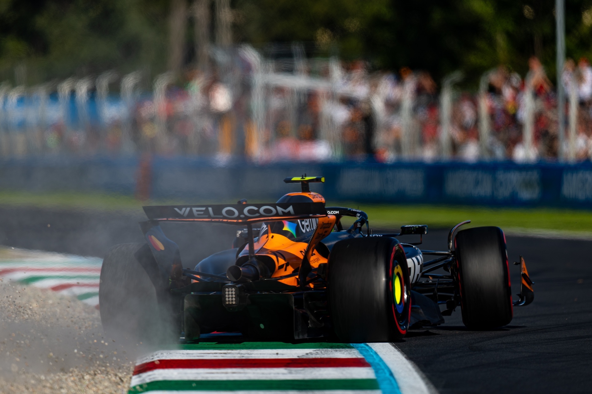 MONZA, ITALY - SEPTEMBER 5: Lando Norris of Great Britain driving the (4) McLaren MCL39 on track as he dips into the gravel during practice ahead of the F1 Grand Prix of Italy at Autodromo Nazionale Monza on September 5, 2025 in Monza, Italy. (Photo by Kym Illman/Getty Images)