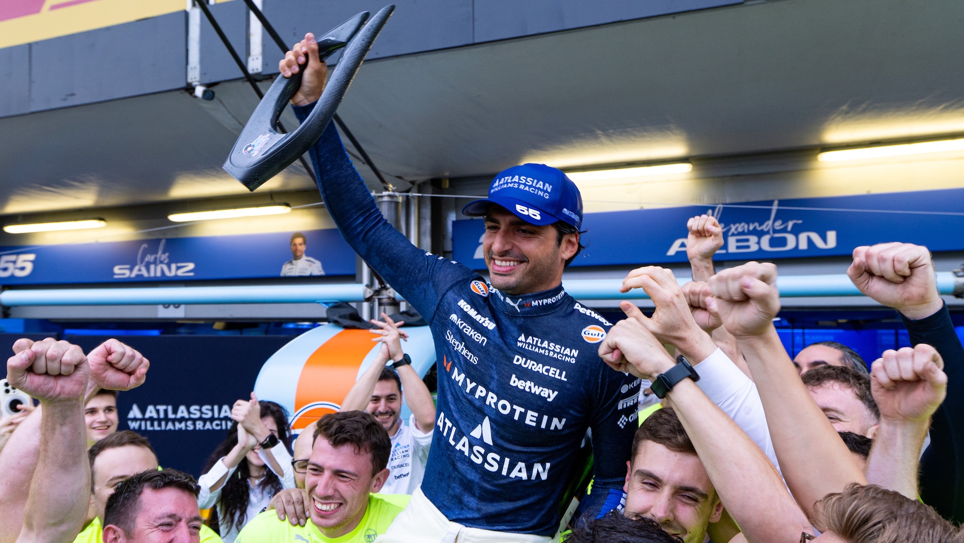 BAKU, AZERBAIJAN - SEPTEMBER 21: Carlos Sainz of Spain and Williams is raised on the team's shoulders with his podium trophy after the F1 Grand Prix of Azerbaijan at Baku City Circuit on September 21, 2025 in Baku, Azerbaijan. (Photo by Kym Illman/Getty Images)