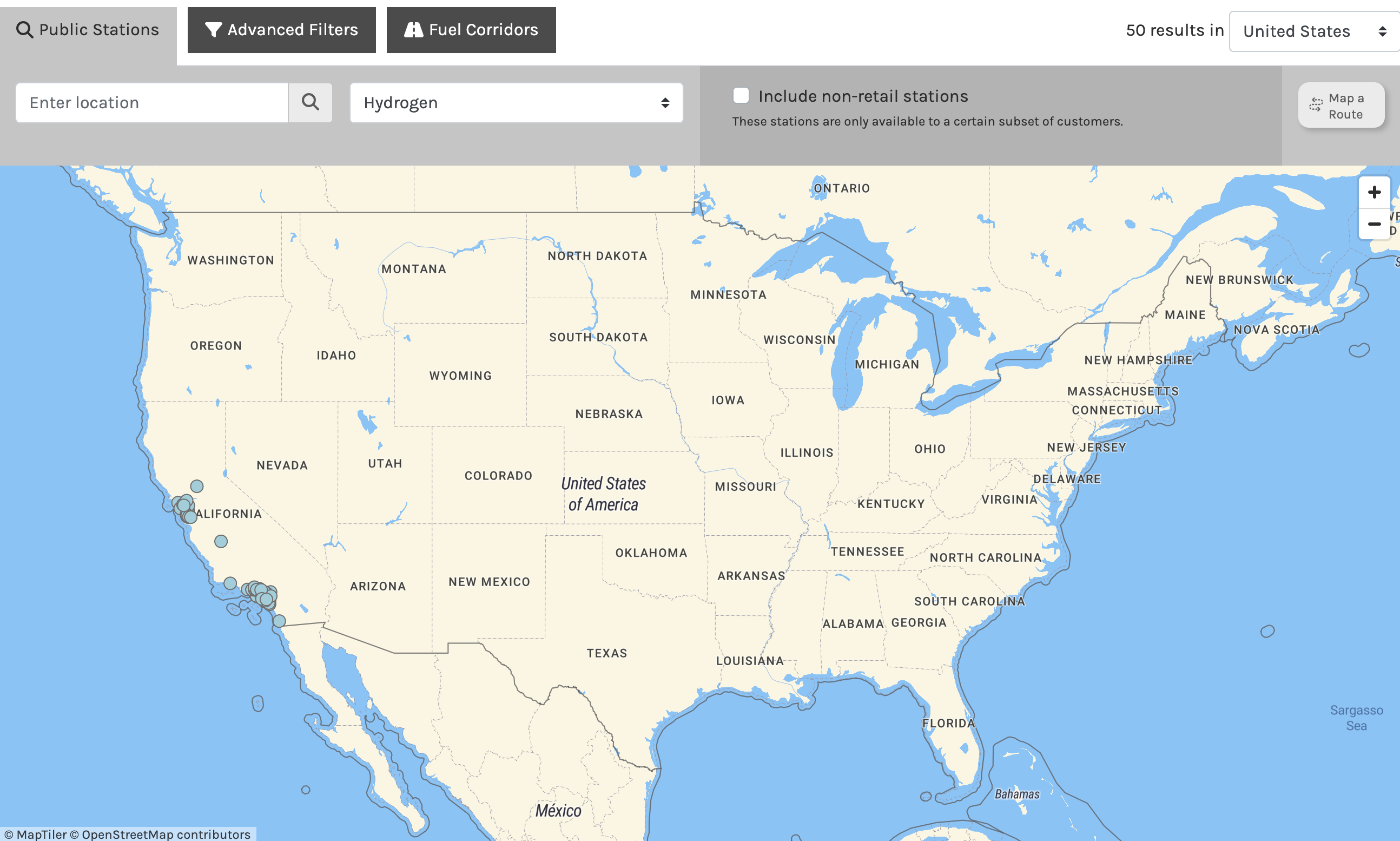 Map of hydrogen fueling stations in the U.S.