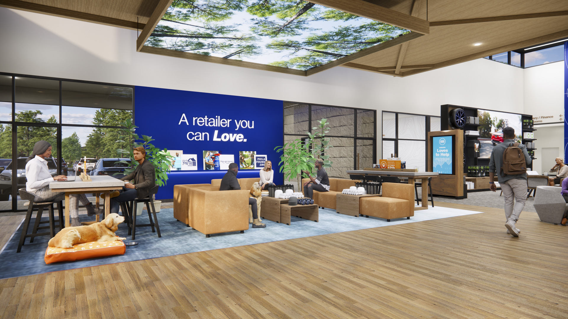 Subaru dealership with dogs in it.