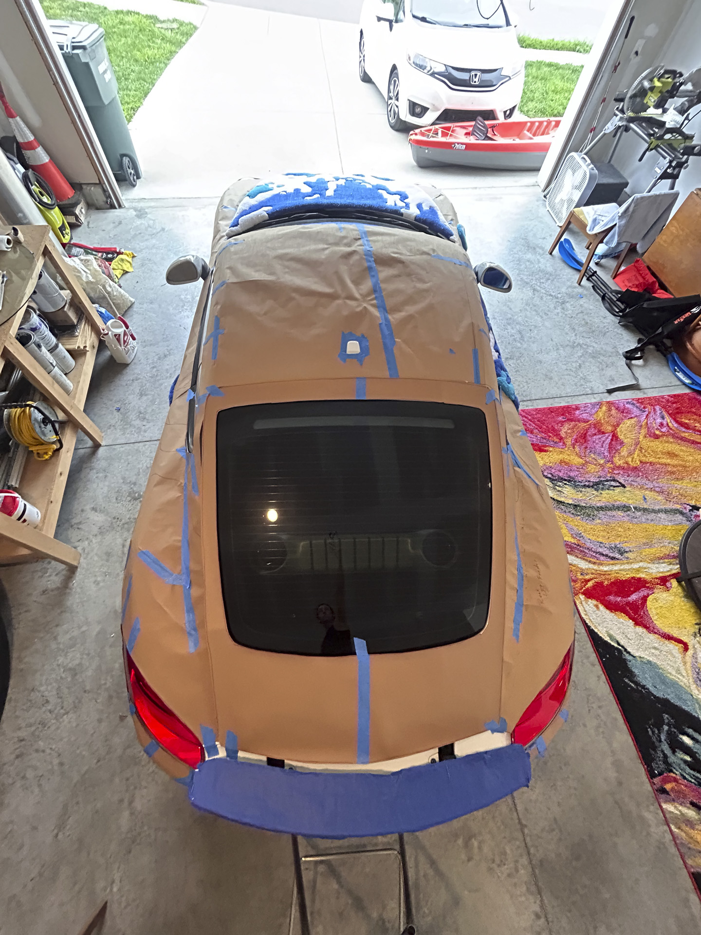 Porsche Cayman rug wrap test-fitting.