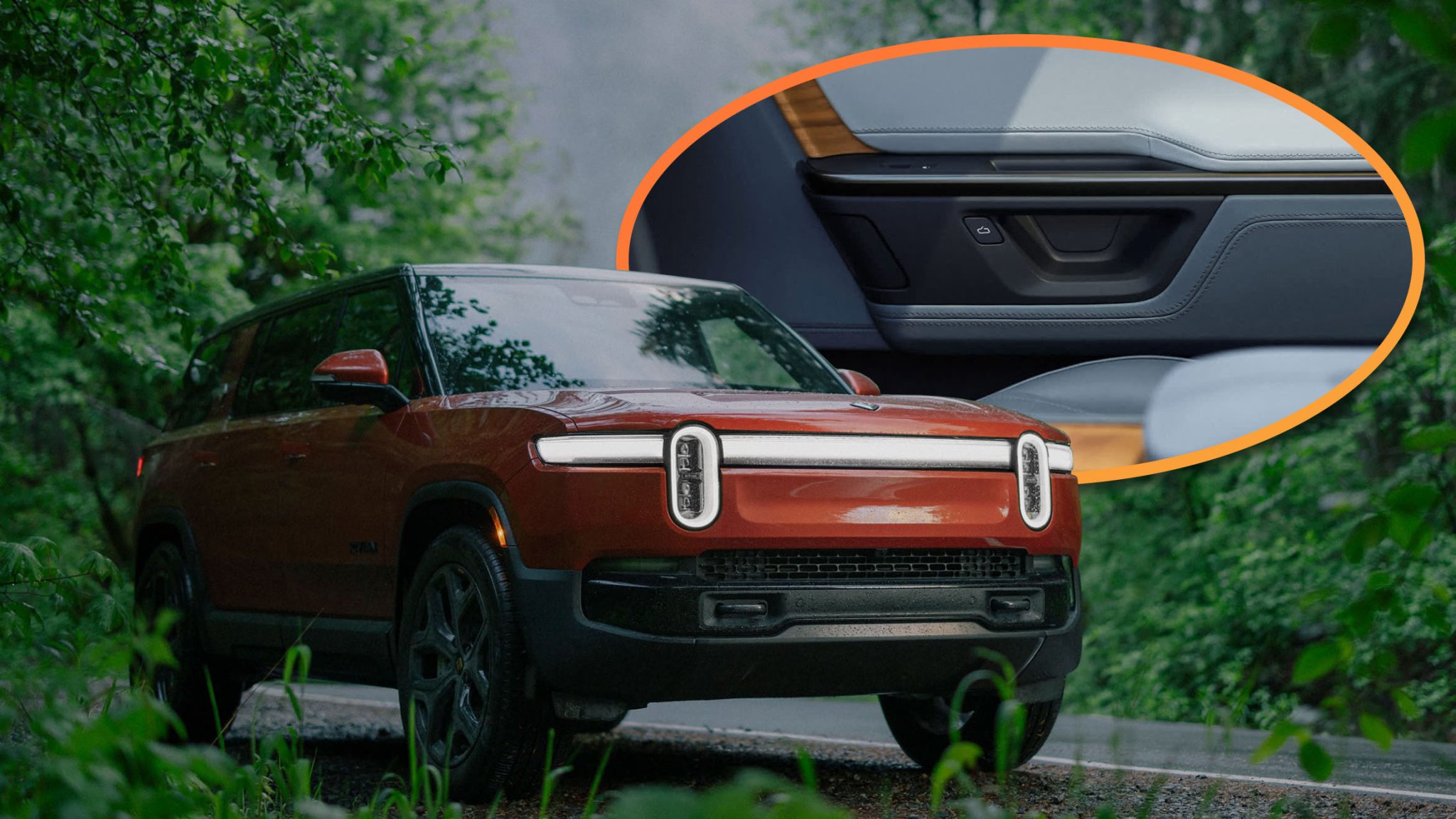 Image of Rivian R1S with close-up of door handle behind it in circle.