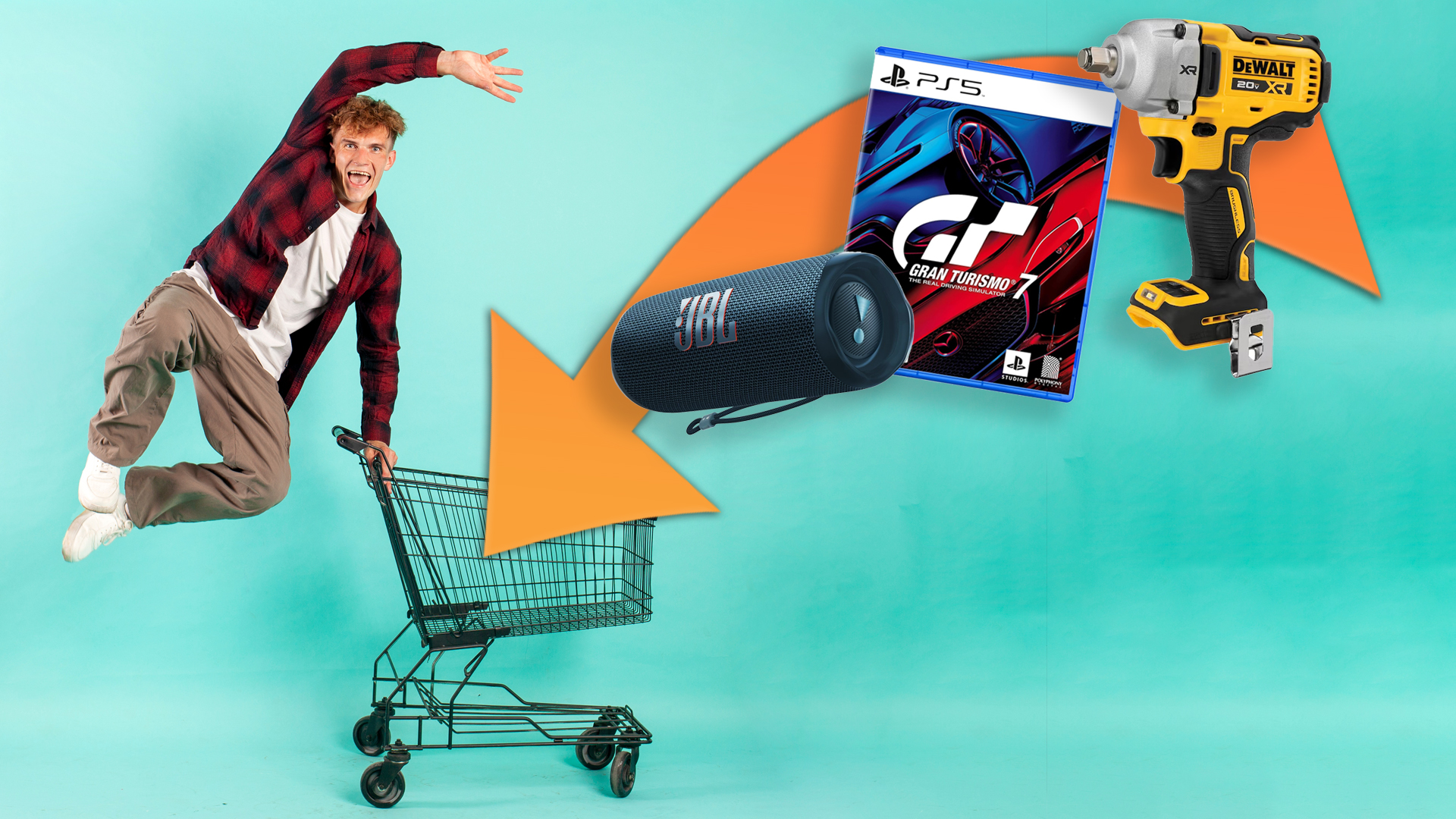 A guy collecting great products in his cart.