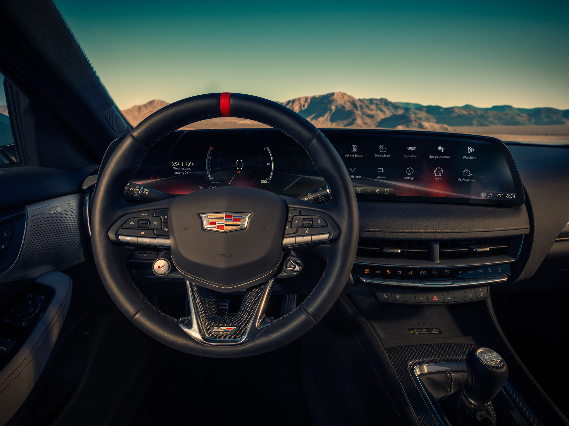 Interior view in the 2026 Cadillac CT5-V Blackwing showing its 33-inch-diagonal LED color touchscreen display.