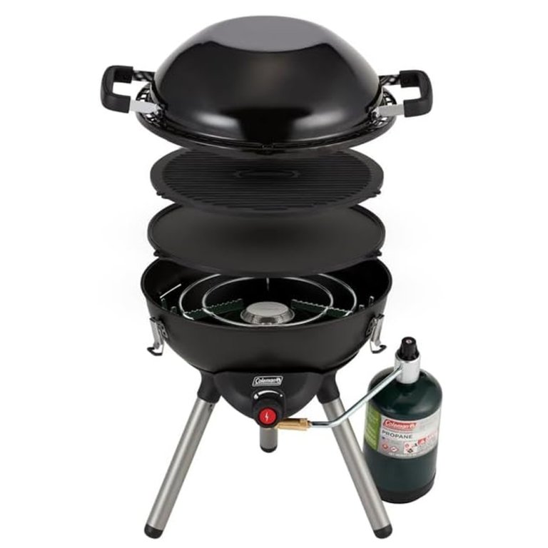 Portable gas grill that looks like a charcoal one.