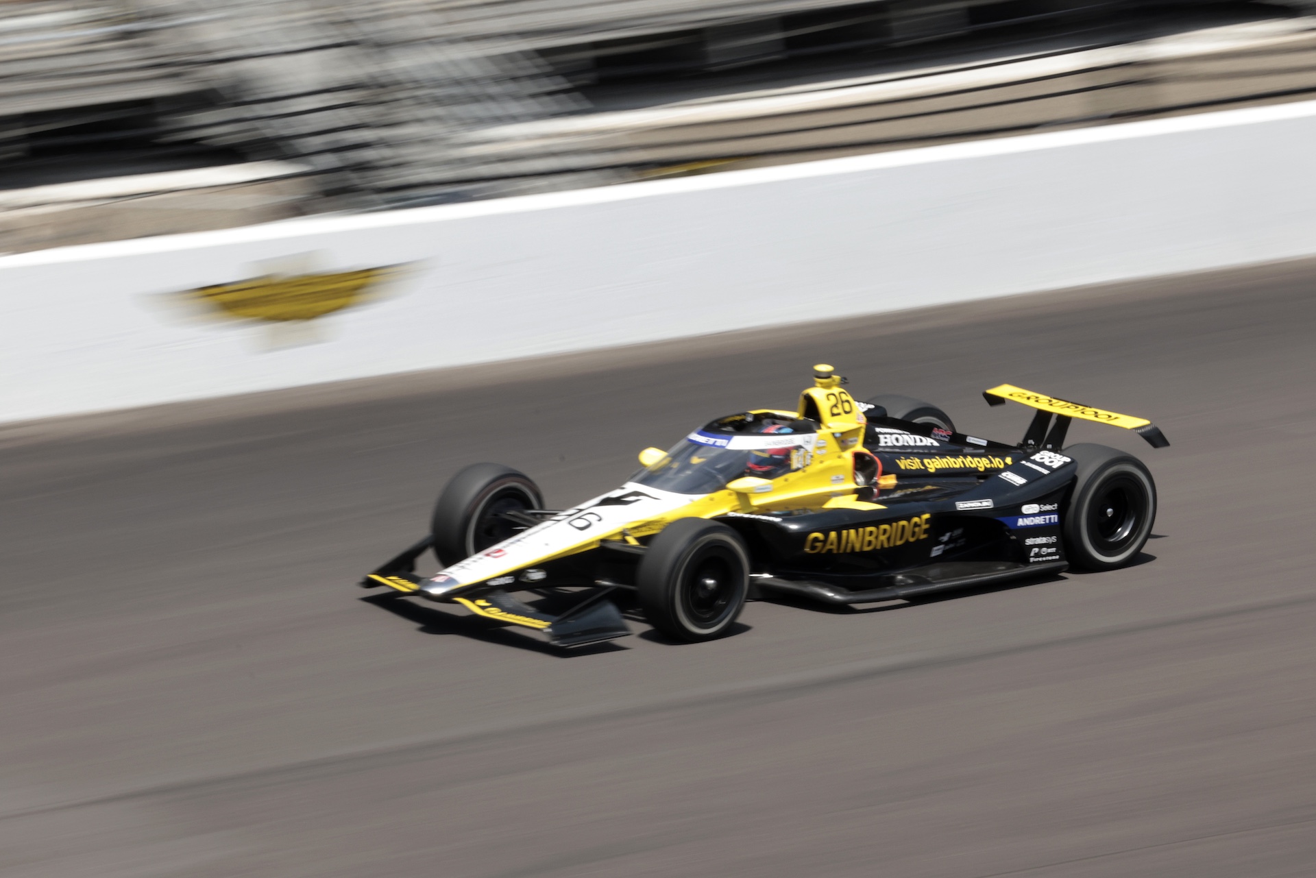 INDIANAPOLIS, INDIANA - MAY 24: Colton Herta, driver of the #26 Gainbridge, drives during practice at Carb Day at Indianapolis Motor Speedway on May 24, 2024 in Indianapolis, Indiana. (Photo by Justin Casterline/Getty Images)