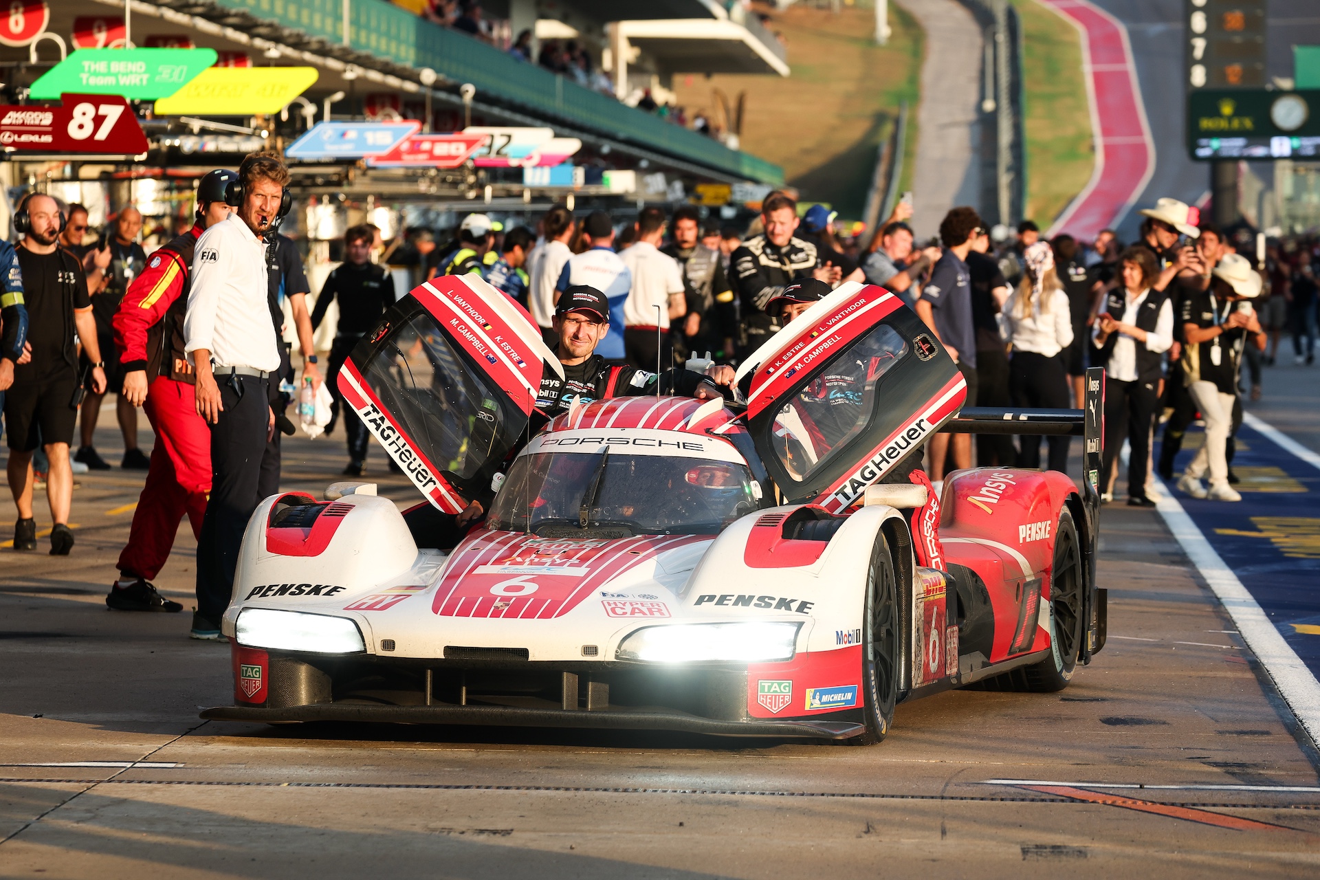 AUSTIN, TEXAS - SEPTEMBER 07: Hypercar race winners, #06 Porsche Penske Motorsport, Porsche 963 drivers Matt Campbell, Laurens Vanthoor, and Kevin Estre, enter in parc ferme during the FIA WEC Lonestar Le Mans race at the Circuit of The Americas on September 07, 2025 in Austin, Texas. (Photo by James Moy Photography/Getty Images)
