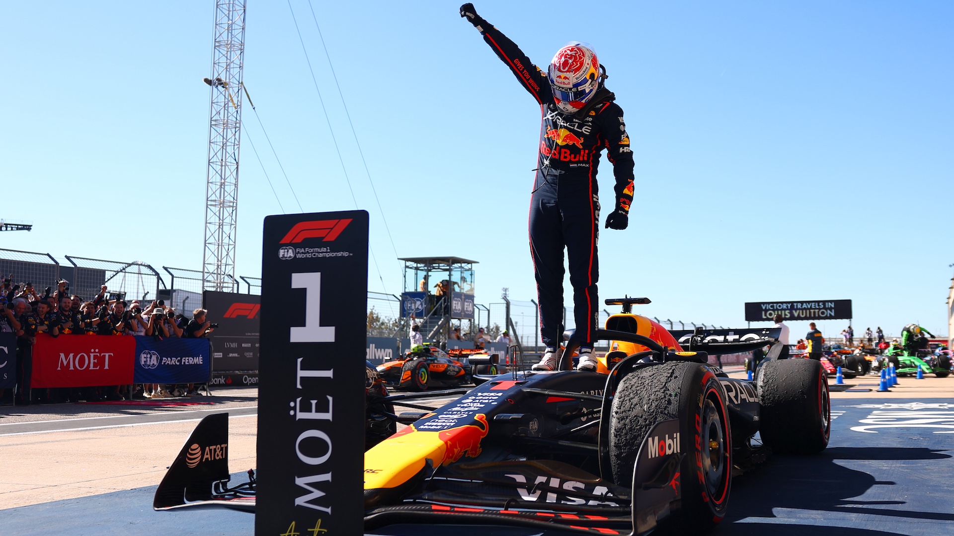 AUSTIN, TEXAS - OCTOBER 19: Race winner Max Verstappen of the Netherlands and Oracle Red Bull Racing celebrates on arrival in parc ferme during the F1 Grand Prix of United States at Circuit of The Americas on October 19, 2025 in Austin, Texas. (Photo by Bryn Lennon - Formula 1/Formula 1 via Getty Images)