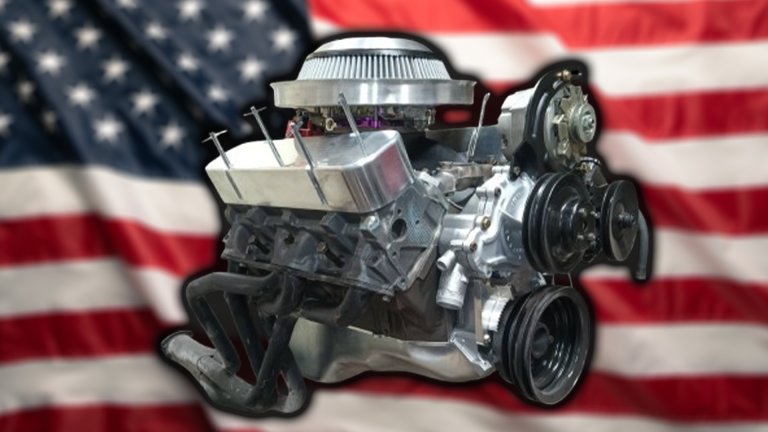 Built Pontiac V8 with an American flag background