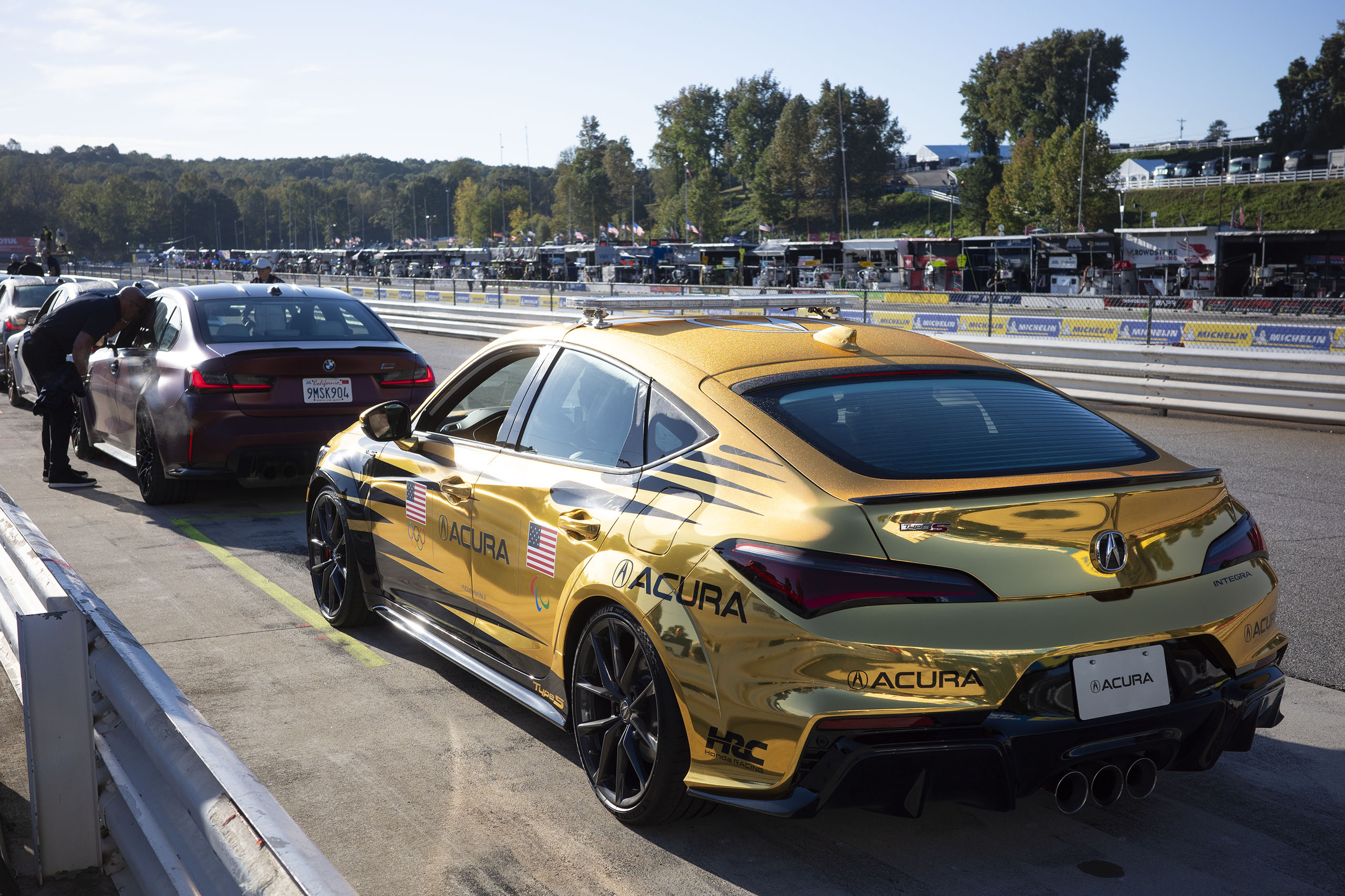 Gold Acura Integra Type S in Road Atlanta pit lane