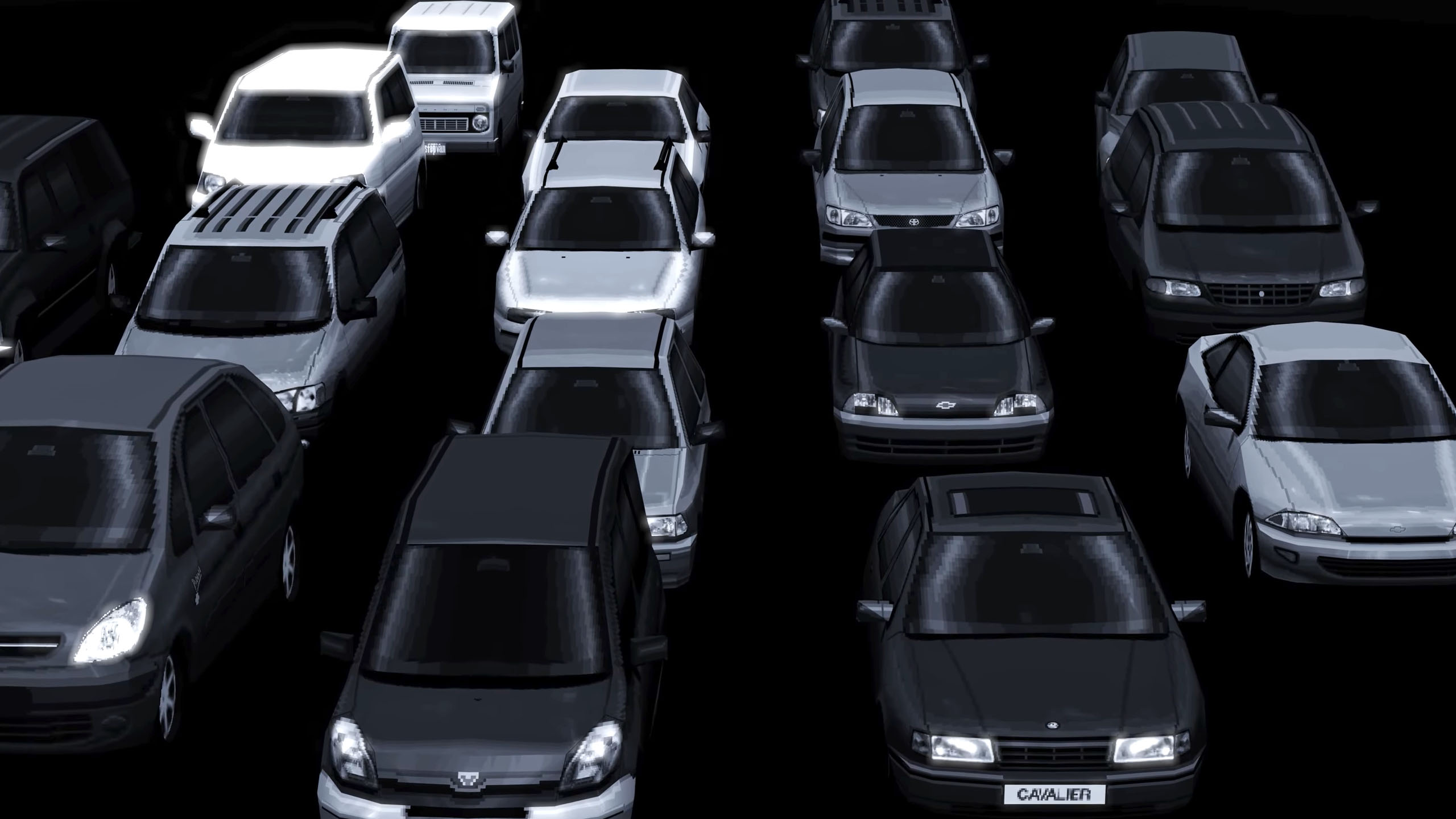 Many cars from GT2 Beige Edition in black and white