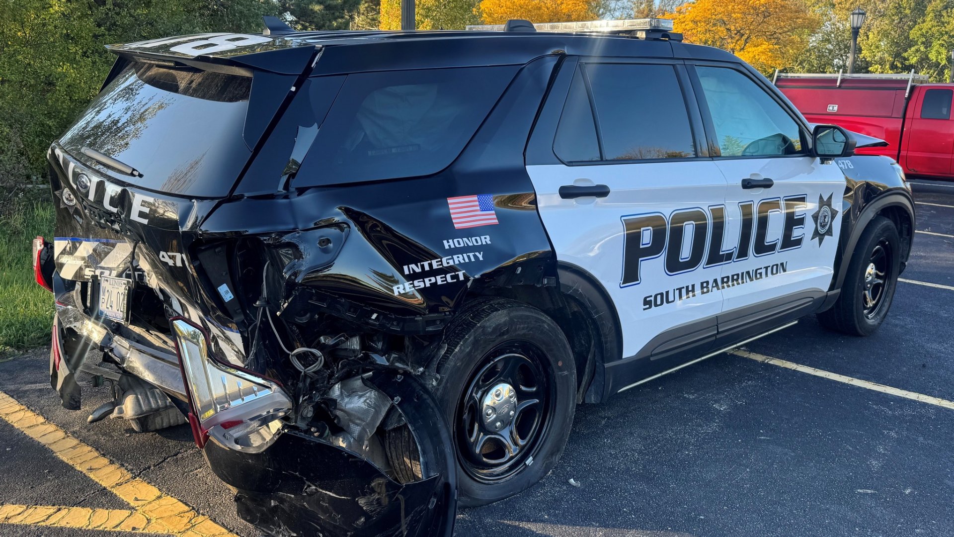 South Barrington Police cruiser after being rear-ended by a Tesla.