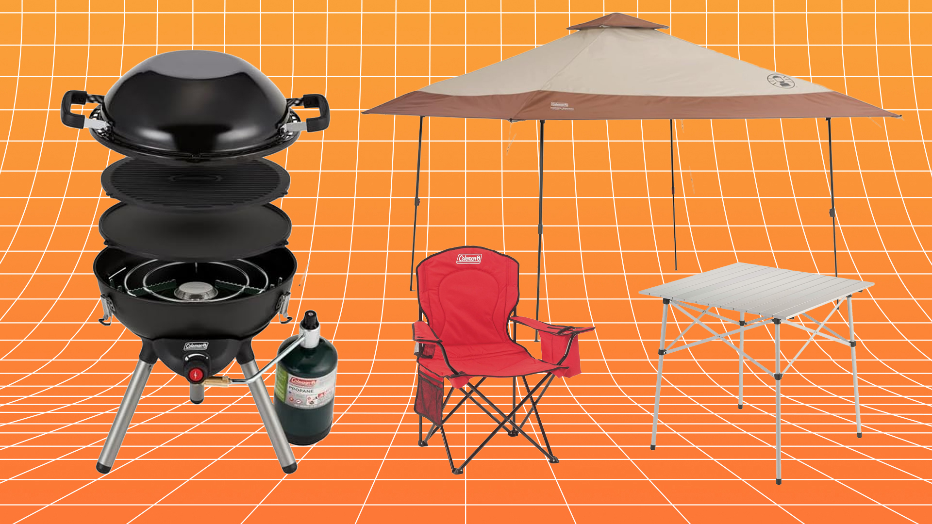 Coleman tailgate gear, all on sale, arranged ready for action.
