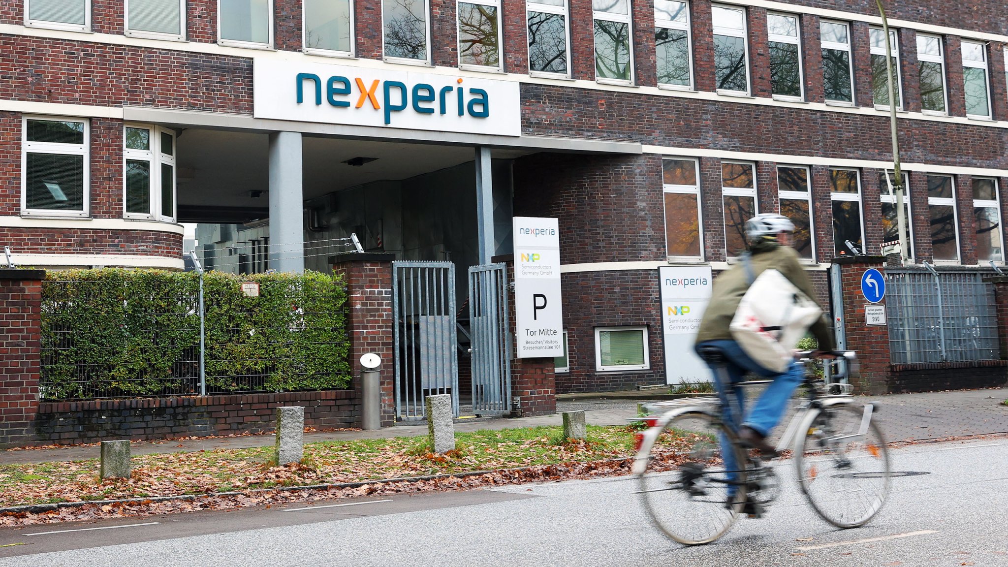 View of a company building with the Nexperia logo.