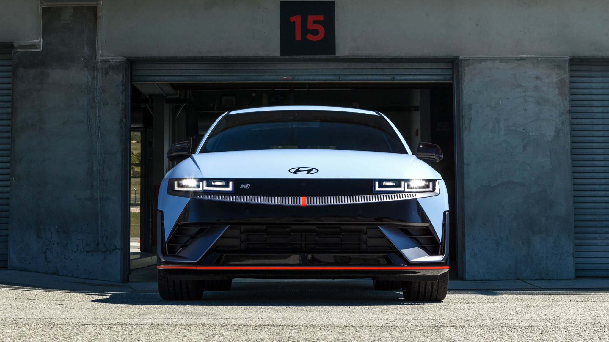 Hyundai Ioniq 5 N coming out of pit garage